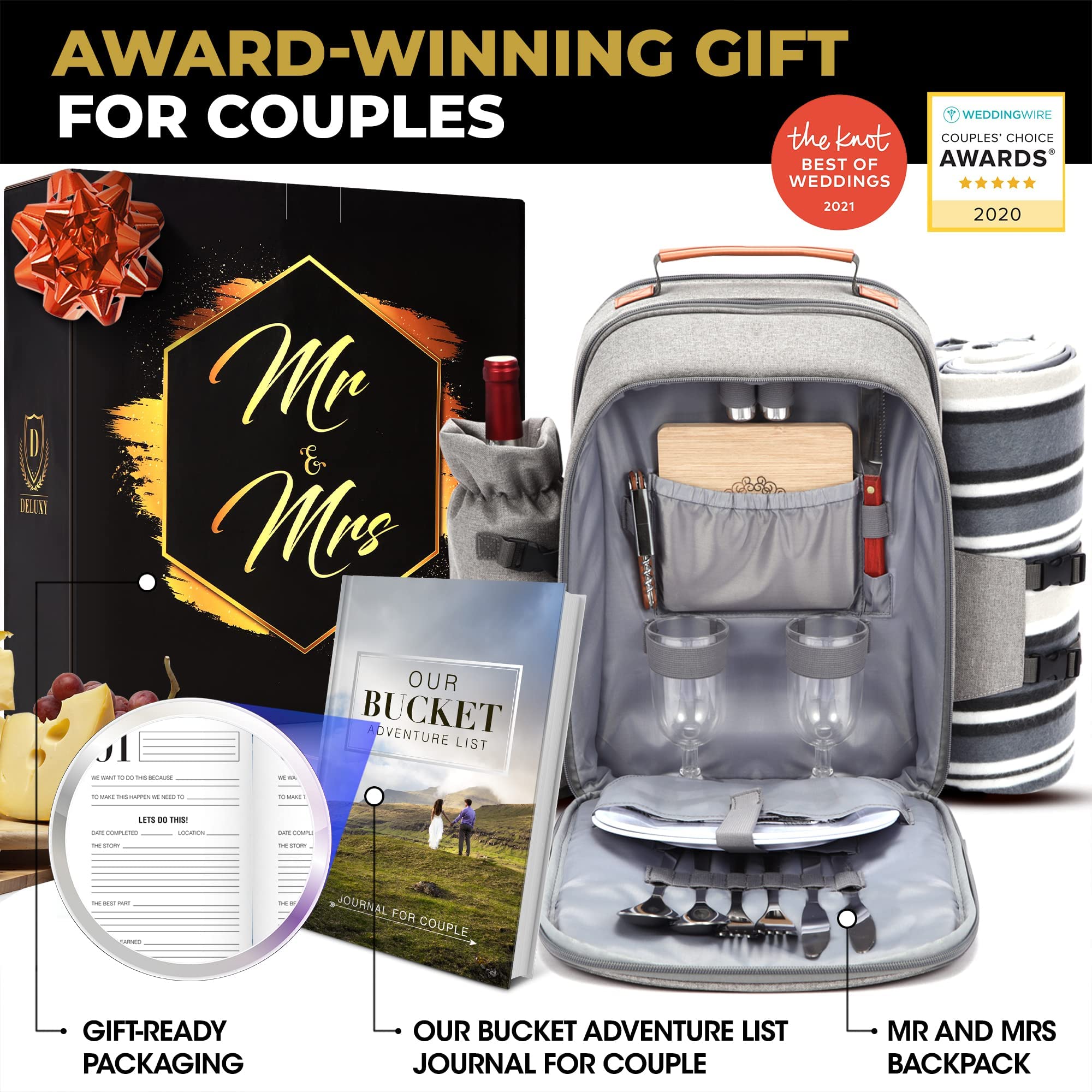 DELUXY Insulated Picnic Backpack for Couples - Wedding Gift Set for Bride & Groom, Honeymoon Essentials, Anniversary Present for Newlyweds | Perfect for Outdoor Dates, Beach Picnics & Romantic Getaways
