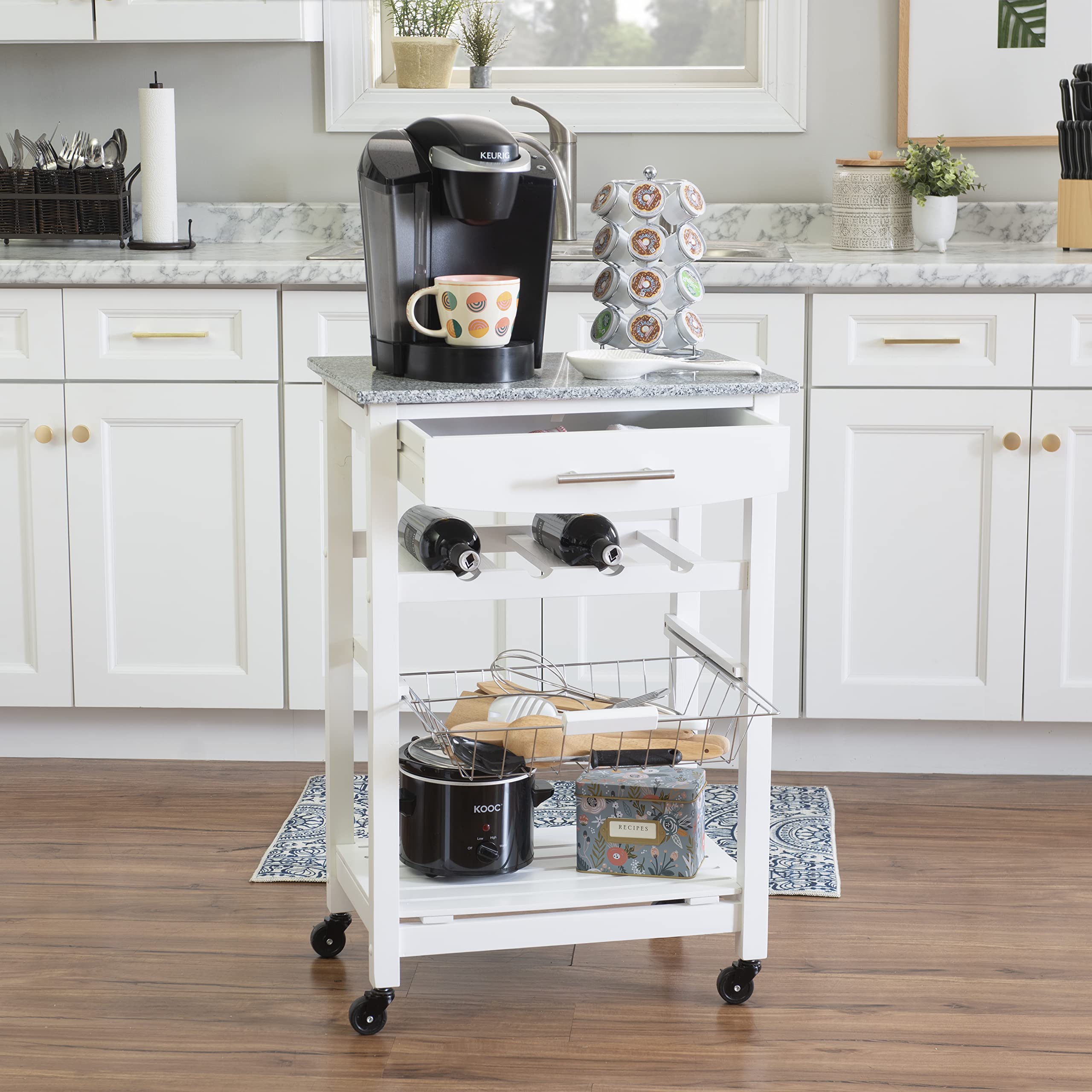Linon White Kitchen Island Cart with Storage Shelf - 22.88 x 15.75 x 33.88 Inches - Mobile Workstation for Small Kitchens, Breakfast Bars & Food Prep Areas