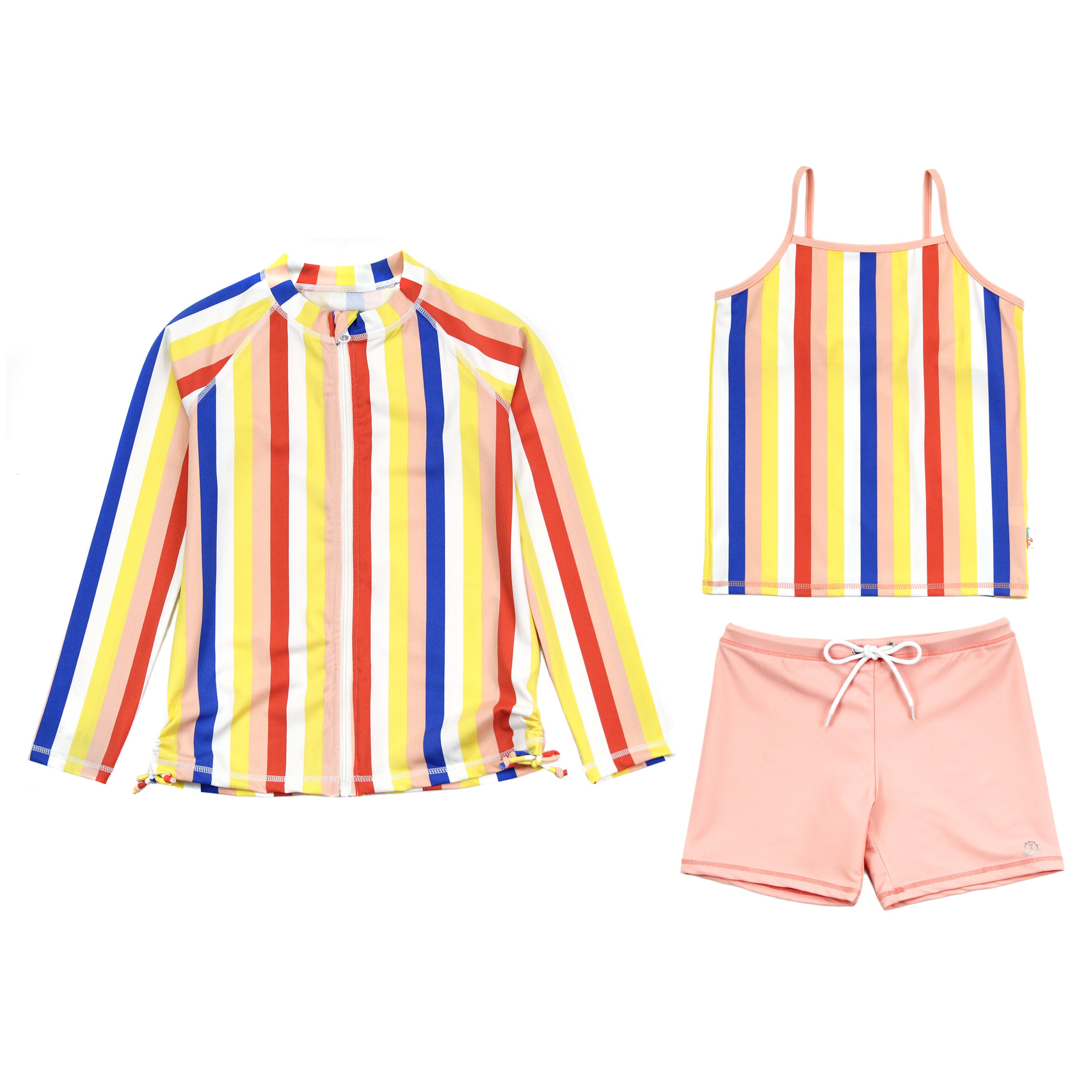 Girls Long Sleeve Rash Guard & Tankini Shorts Set - 3 Piece UV Swimwear with Multi Stripe Design for Beach, Pool & Water Sports