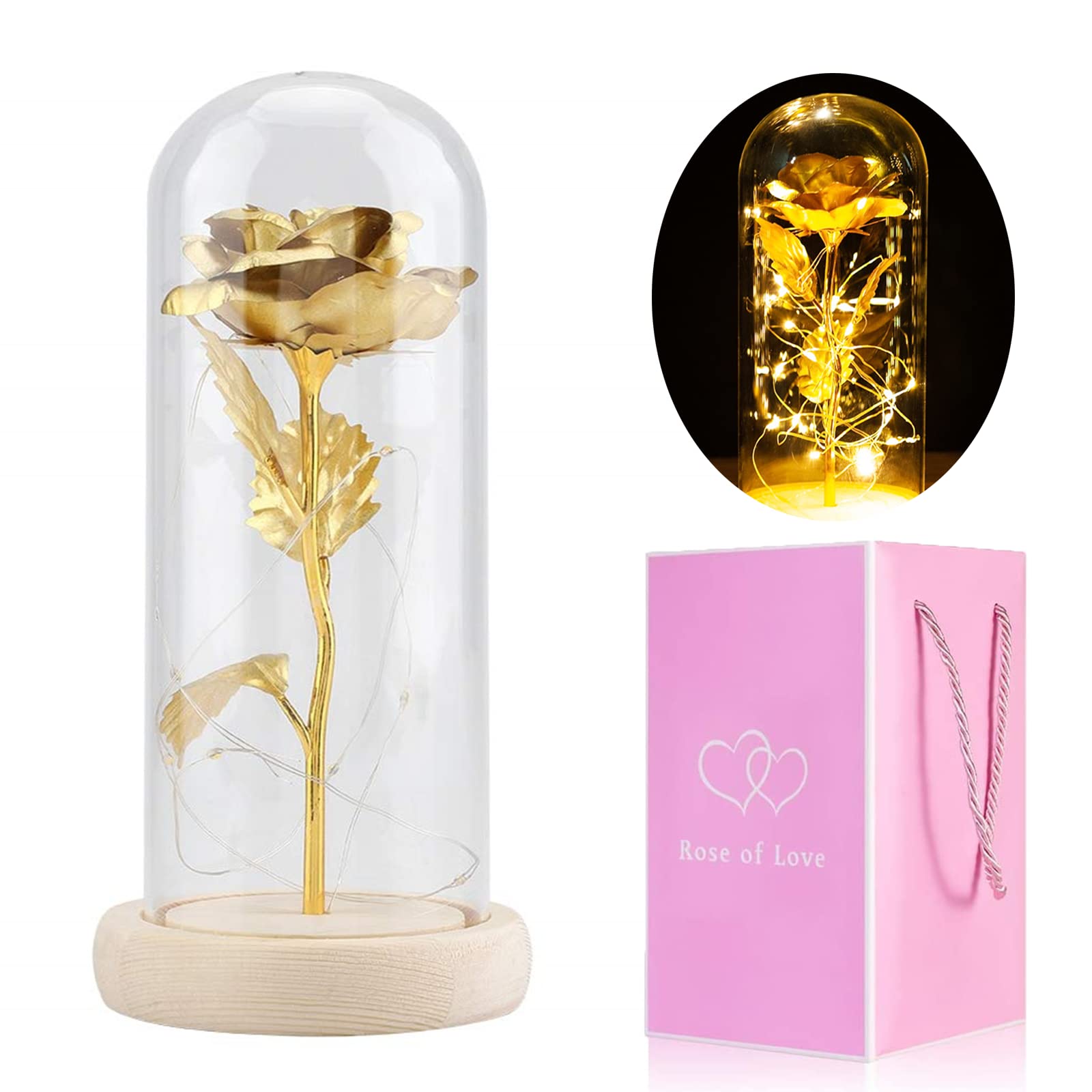 24K Gold Foil Infinity Rose in Glass Dome with LED Lights - Unique Birthday Gift for Mom, Women, Wife | Valentine's Day, Mother's Day, Anniversary Present | Home Decor, Romantic Night Light, Luxury Keepsake
