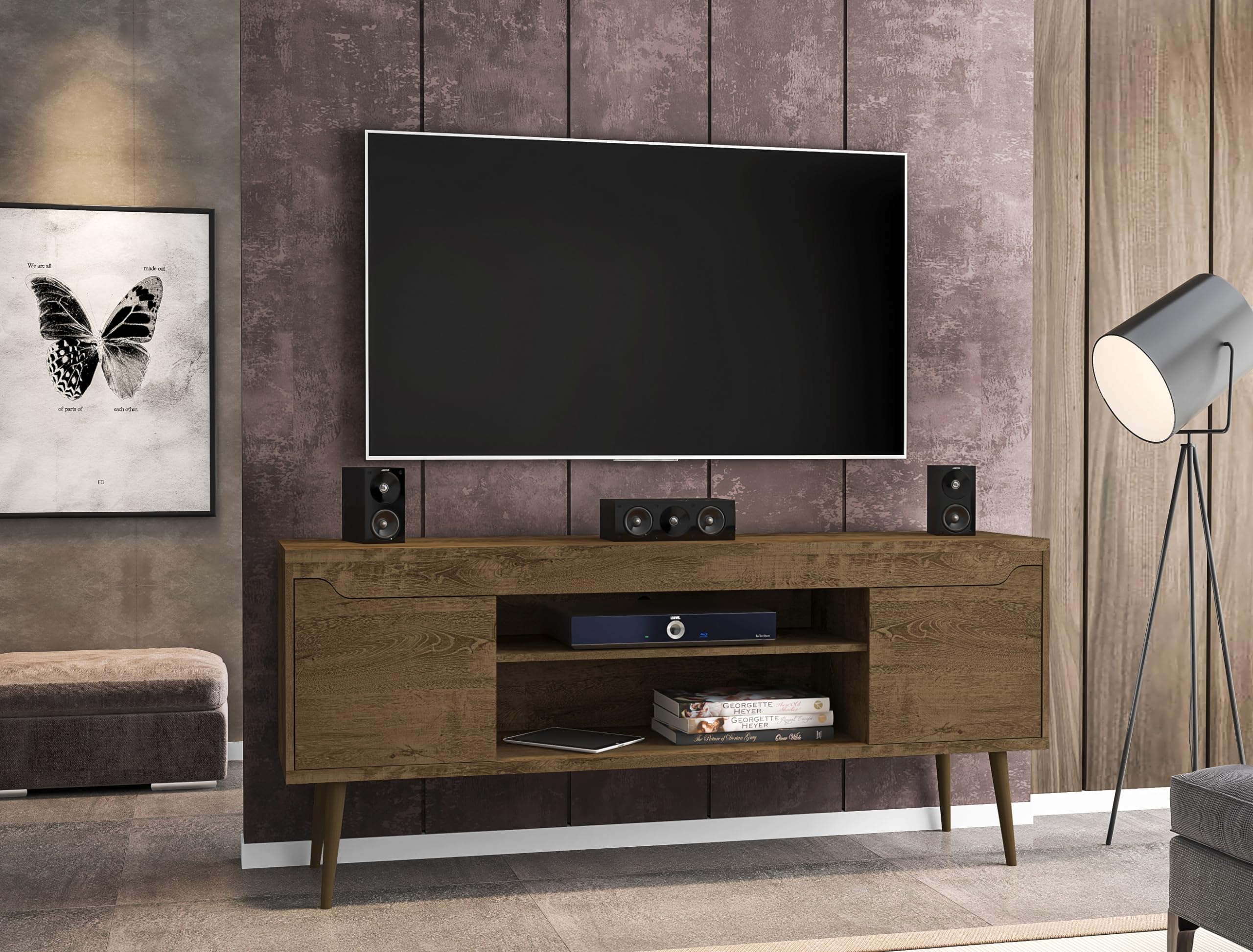 Mid Century Modern TV Stand for 60 Inch TVs - Bradley Rustic Brown Entertainment Center with Storage Shelves & Soft Close Doors - Perfect for Living Room & Home Theater Setup