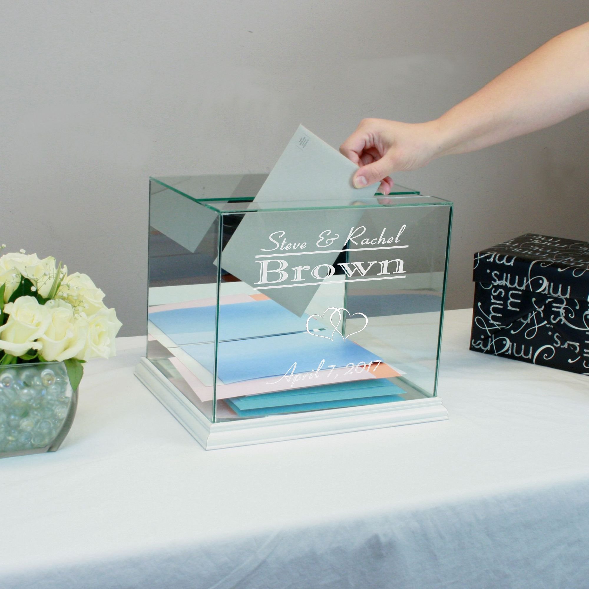 Personalized White Rectangle Glass Wedding Card Box - Elegant Gift Holder for Bridal Showers, Receptions & Anniversaries