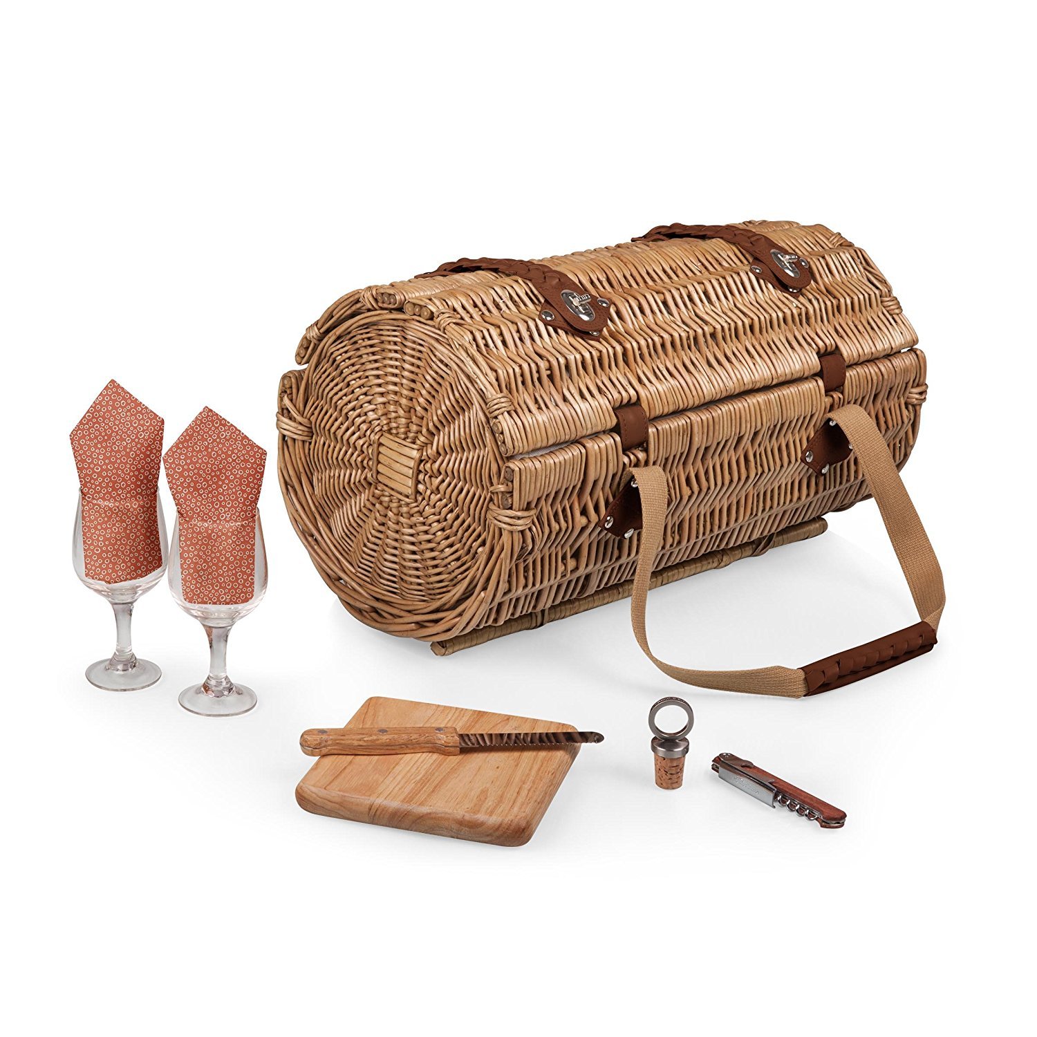 PICNIC TIME Verona Wine & Cheese Picnic Basket - Wicker Wine Tote with Picnic Set (Adeline Collection - Deep Purple Coral Pattern) - Perfect for Outdoor Picnics, Romantic Dates & Wine Tasting Events