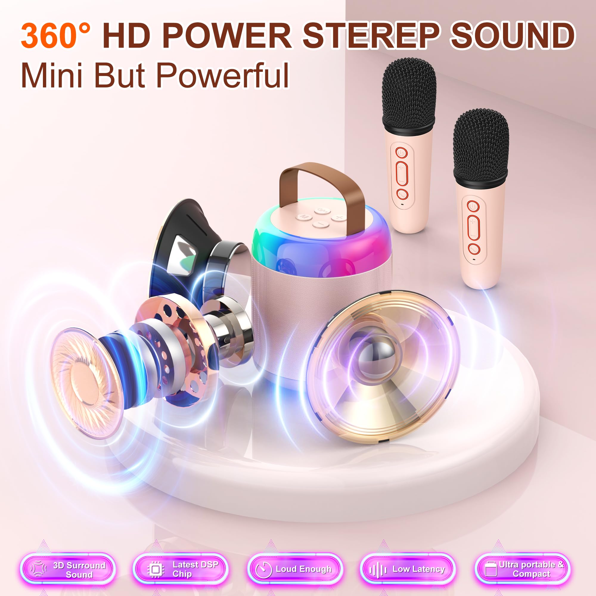 Portable Kids Karaoke Machine with Bluetooth Speaker, 2 Wireless Microphones & LED Lights - Best Music Player Toy Gift for Boys Girls Ages 4-10 - Perfect for Birthday Parties, Family Gatherings & Indoor Singing Fun (Pink)
