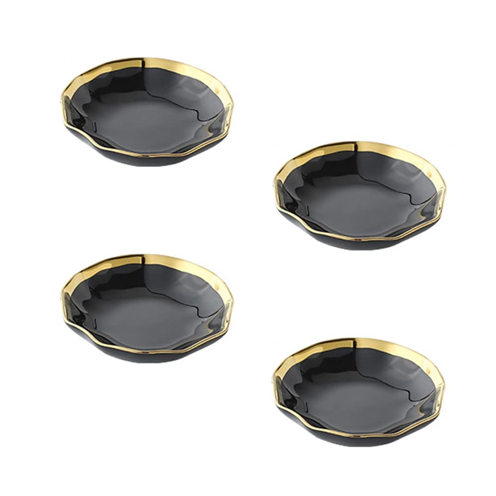 Colias Wing Gold Edge Porcelain Side Dish Bowls - Irregular Curve Design, Soy Sauce Dipping Dishes, Black & White Set of 4 - Perfect for Sushi, Dumplings, and Asian Cuisine Serving