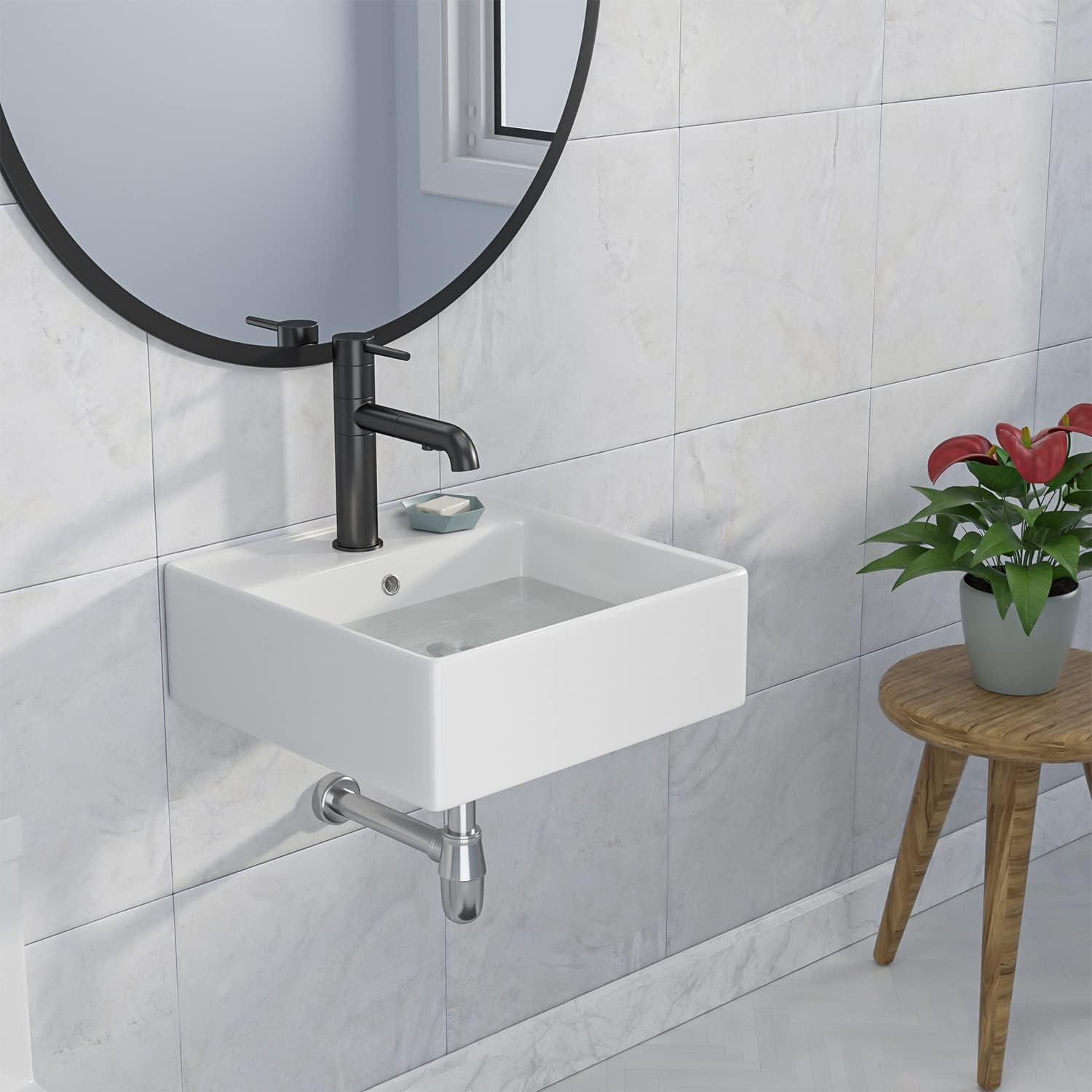 Lepuday 18x18 Inch White Ceramic Wall Mount Floating Vessel Sink - Modern Square Bathroom Sink for Small Spaces, Powder Rooms & Contemporary Vanities