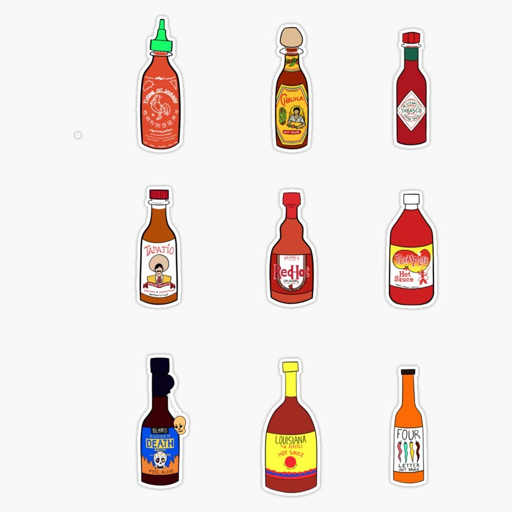 Spicy Hot Sauce Bottle Vinyl Bumper Sticker Decal Set - Waterproof 5 Inch for Cars, Laptops & Coolers - Perfect for Hot Sauce Lovers & Foodies