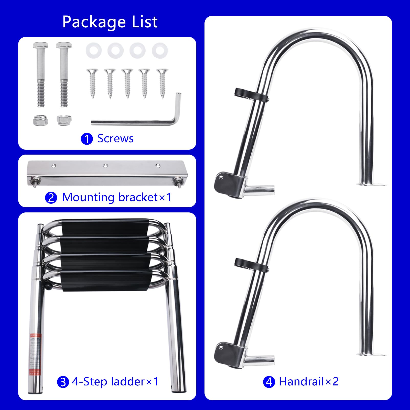 Heavy Duty 316 Stainless Steel 4-Step Telescoping Pontoon Boat Ladder with Wide Steps & Strong Handrails - Folding Rear Entry Swim Deck Ladder for Boats, Docks, and Marine Use
