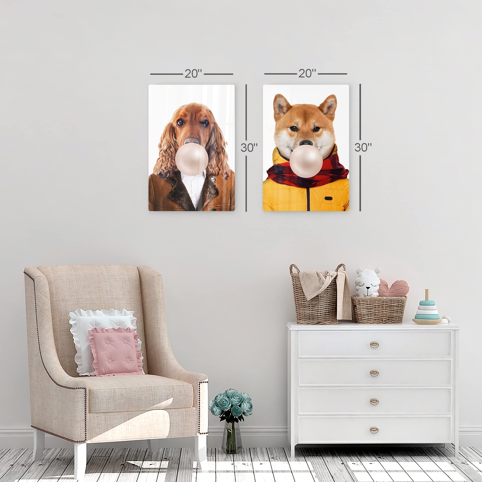English Cocker Spaniel & Shiba Inu Dog Chewing Bubble Gum Pop Art Metal Wall Decor - 2-Piece Set (40x30 inches) - Perfect for Living Room, Bedroom & Nursery Decor - Unique Animal Art Prints for Home & Office