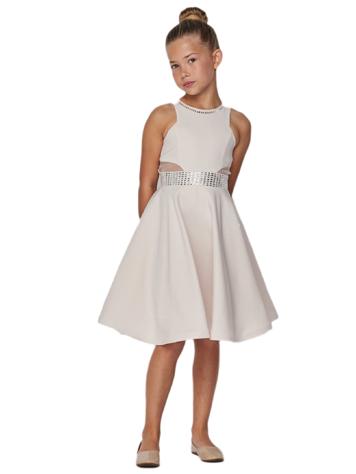 Elegant Cream Studded Fitted Junior Bridesmaid Dress for Big Girls - Sizes 8-16 | Perfect for Weddings, Proms, and Formal Events