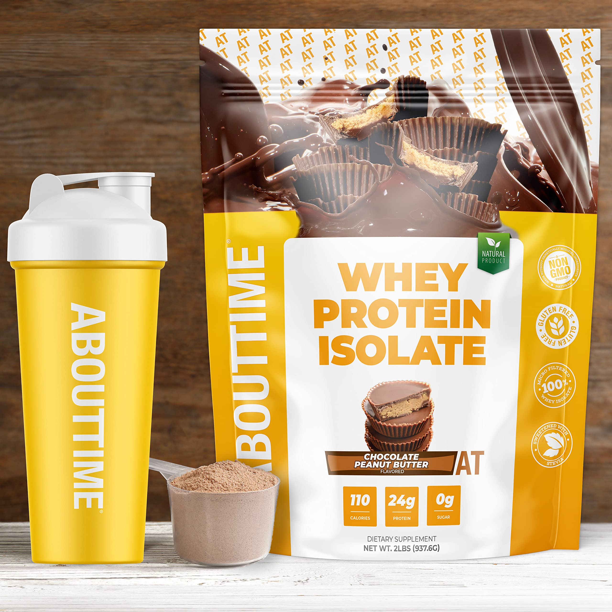 About Time Whey Protein Isolate Chocolate Peanut Butter 2lb - 25g Protein per Serving, Non-GMO, 0g Fat & Sugar, No Artificial Sweeteners, 32 Servings for Muscle Recovery & Post-Workout Nutrition