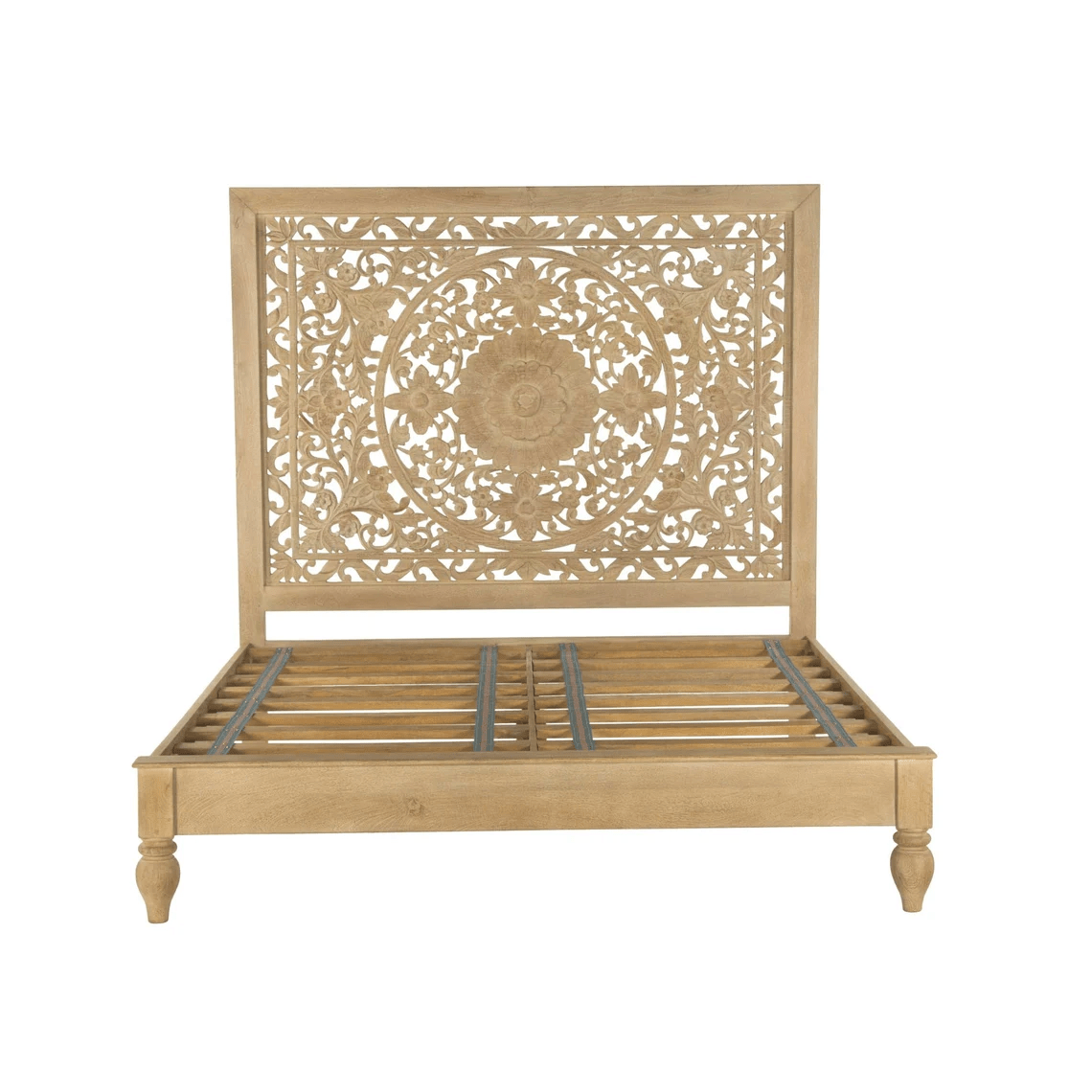 Hand Carved Solid Wood Bed Frame with Headboard - Indian Style Queen/King Size Bed - Perfect for Master Bedroom, Guest Room & Farmhouse Decor