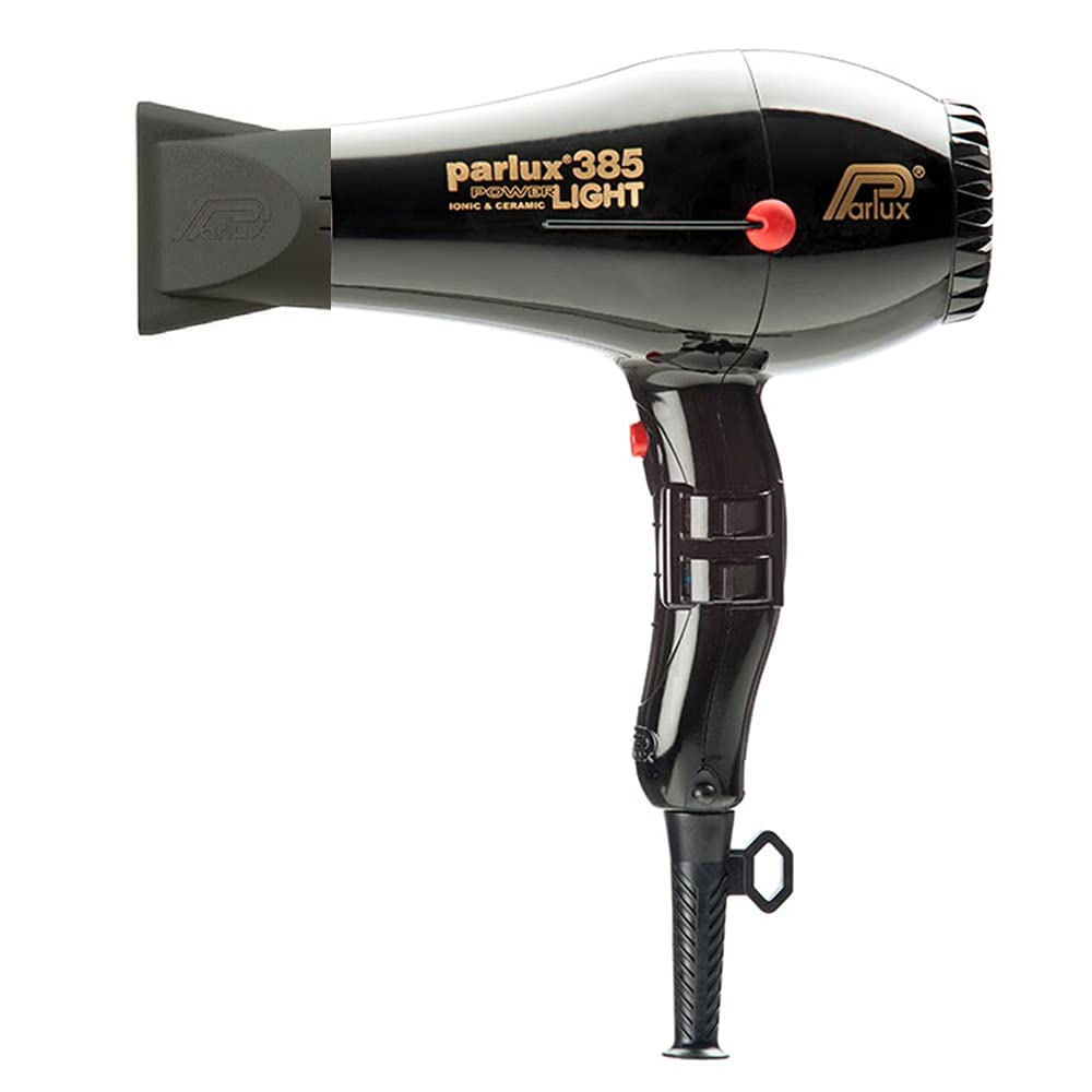 Parlux 385 Black Powerlight Ionic & Ceramic Hair Dryer with Metal Mesh Diffuser - Professional Salon Quality Blow Dryer for Frizz Control & Fast Drying - Perfect for Home & Salon Use