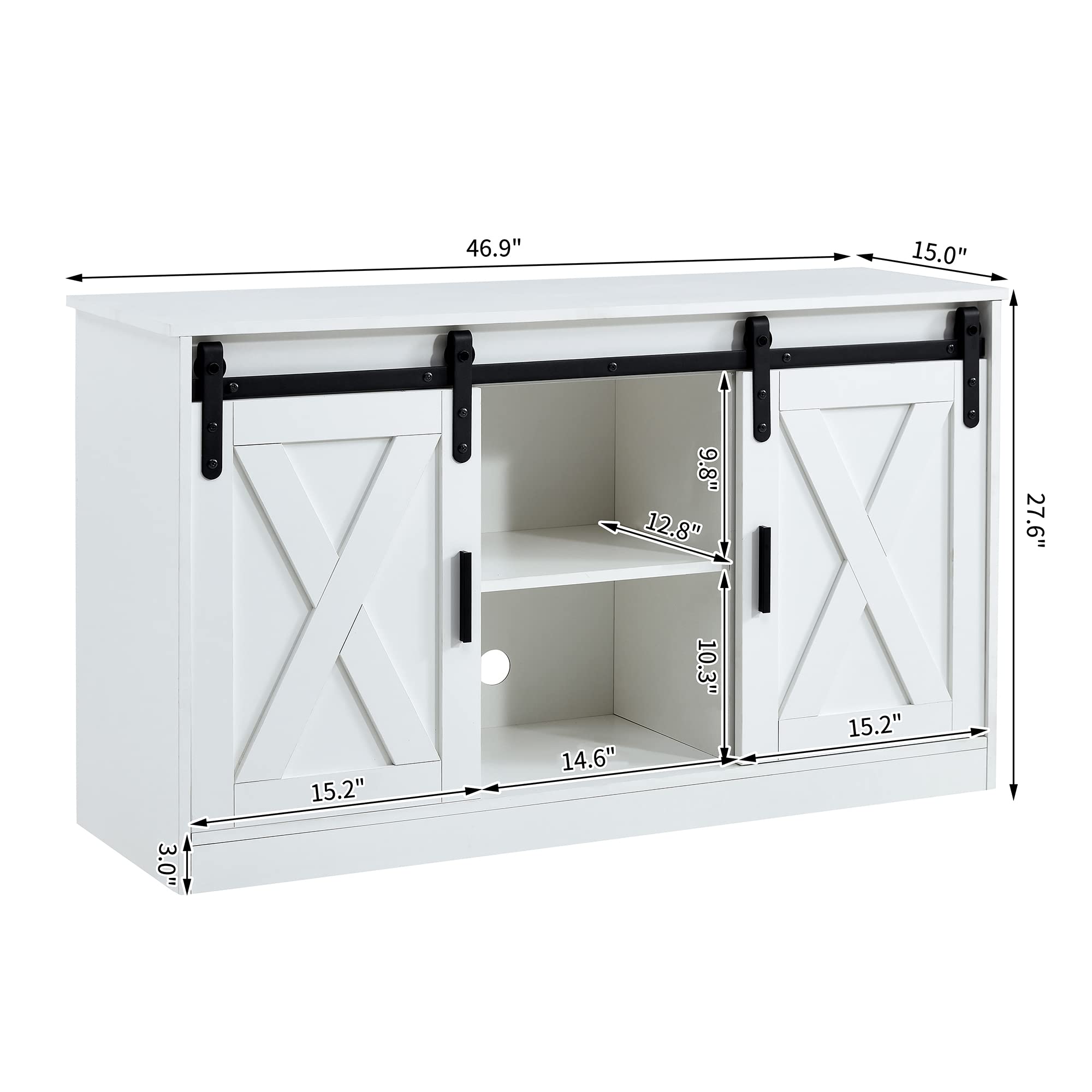 46.9 Inch White Wooden TV Stand - Farmhouse Style Entertainment Center with 2 Sliding Barn Doors & Cable Management - Perfect for Living Room, Bedroom & Home Theater Setup