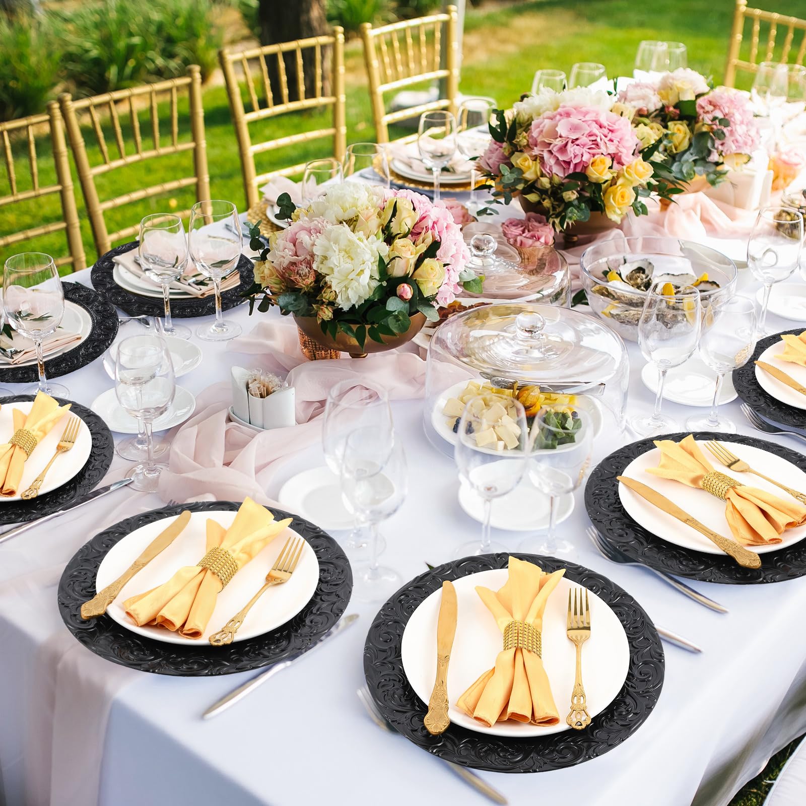 50 Pcs Antique Black Charger Plates - 13 Inch Embossed Rim Plastic Decorative Round Plates for Wedding, Dinner Party & Special Events - Elegant Table Setting Decorations for Formal Dining, Buffets and Holiday Celebrations
