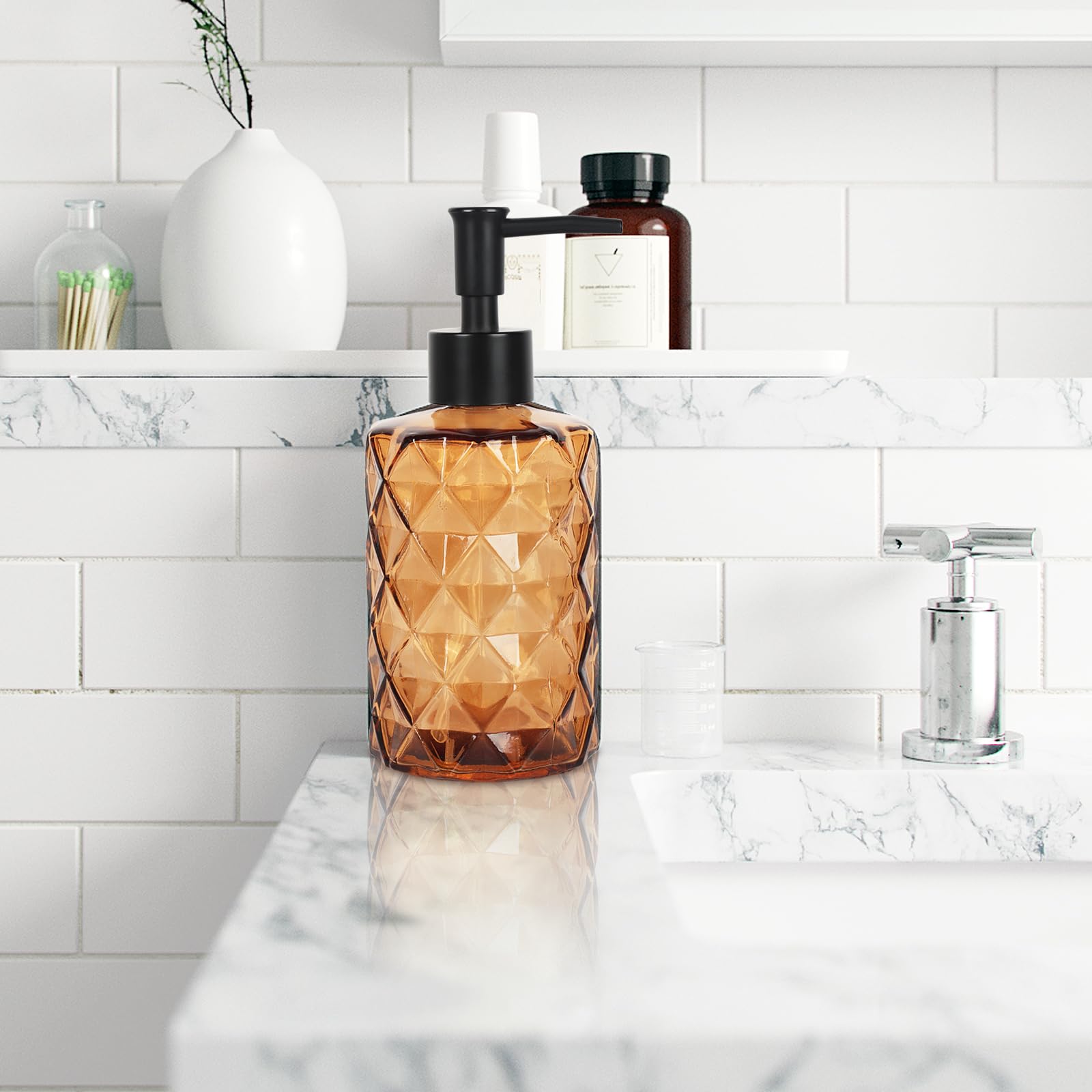 Premium Diamond-Cut Amber Glass Soap Dispenser with Pump - 12oz Refillable Hand & Dish Soap Dispenser for Bathroom, Kitchen Sink, Vanity - Elegant Home Decor & Gift Idea