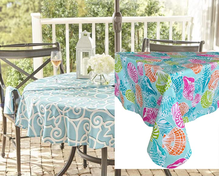 Newbridge Shoreline Tropical Seashell Print Flannel Back Vinyl Tablecloth - Colorful Coastal Beach Theme Waterproof Table Cover for Indoor/Outdoor Use - Perfect for Patio, BBQ, Picnic & Beach Parties (70 Inch Round with Zippered Umbrella Hole)