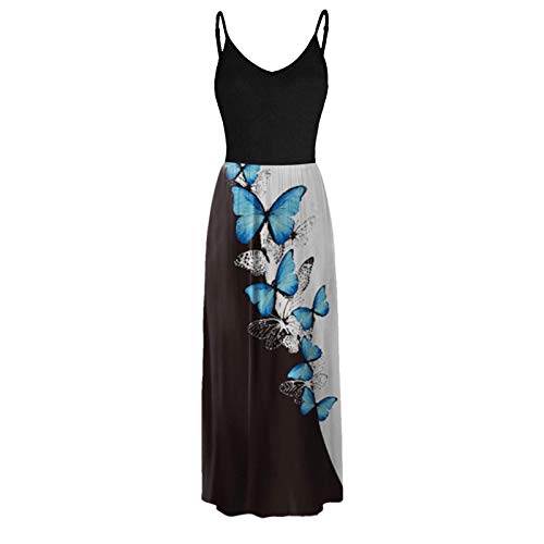 Women's Casual Short-Sleeve Cami Maxi Dress with Print Pockets - Blue Floral Summer Dress for Beach, Vacation & Everyday Wear | O-Neck Flowy Shirt Dress