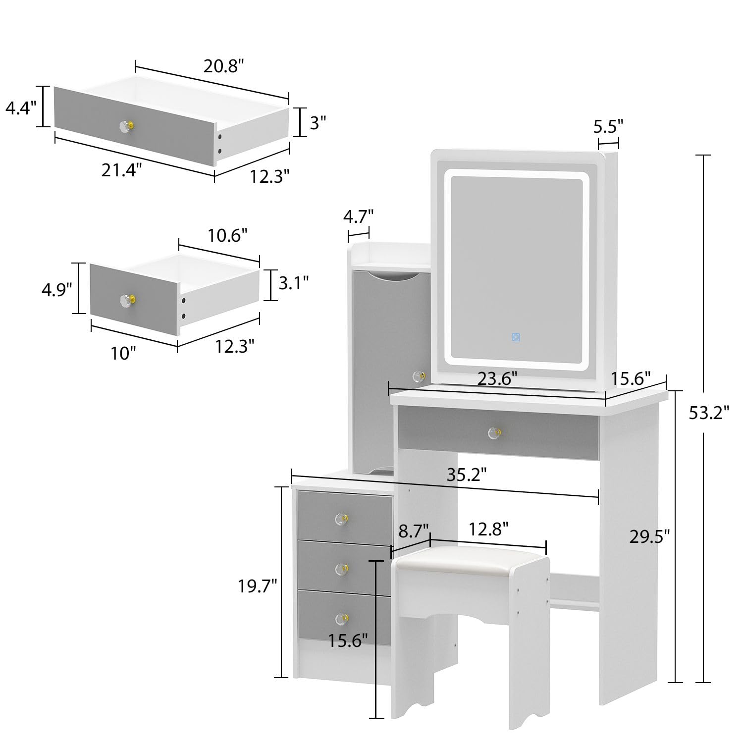 FAMAPY White and Grey Vanity Desk with Mirror & LED Lights, Makeup Dressing Table with Sliding Lighted Mirror, Cushion Stool, Drawers & Shelves - Perfect for Bedroom, Dorm Room & Beauty Salon Decor