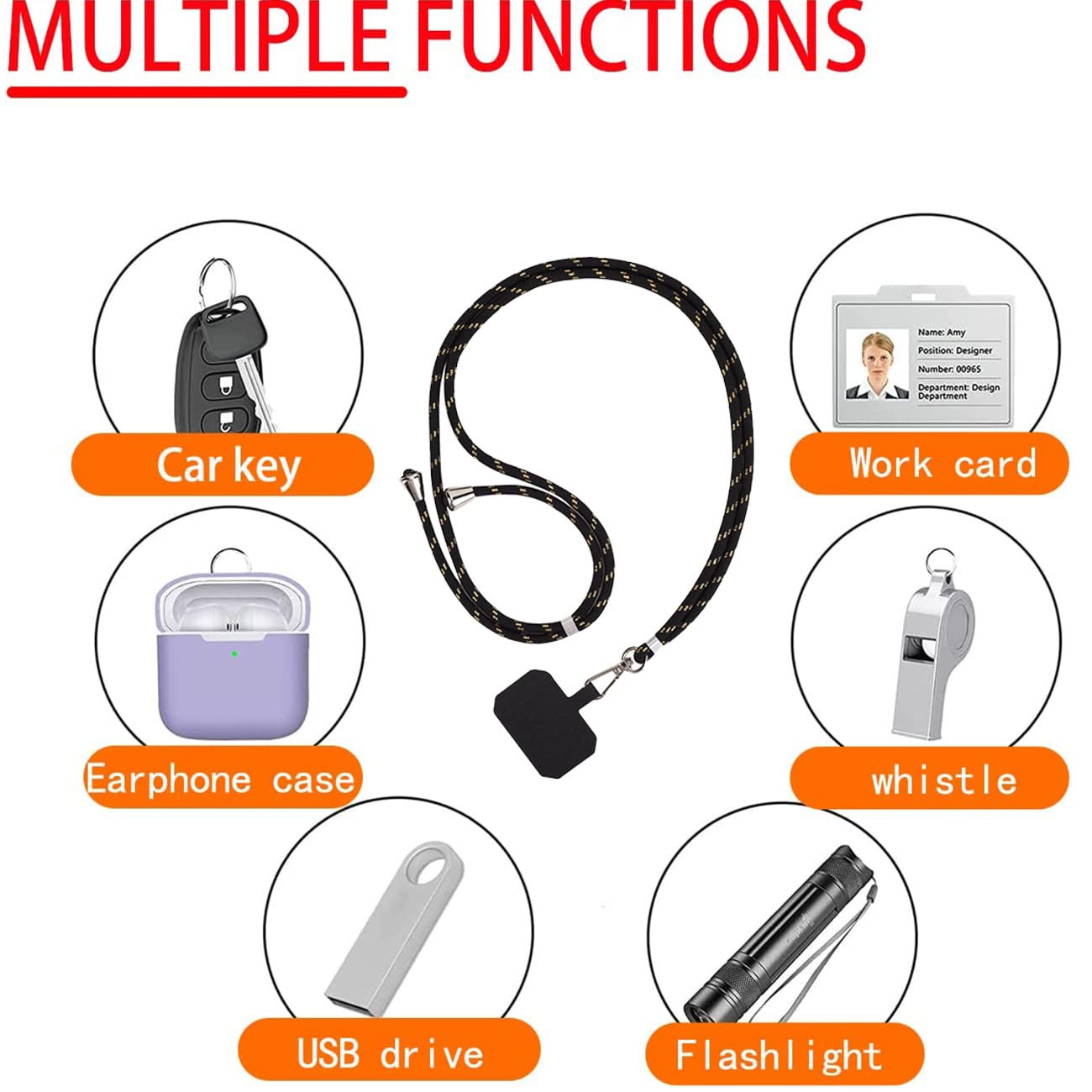 Adjustable Nylon Phone Lanyard Strap - Black & Gold Crossbody Neck Strap & Wrist Strap with 5 Decorative Patches | Compatible with Most Smartphone Cases | Perfect for Travel, Work, Gym & Outdoor Activities