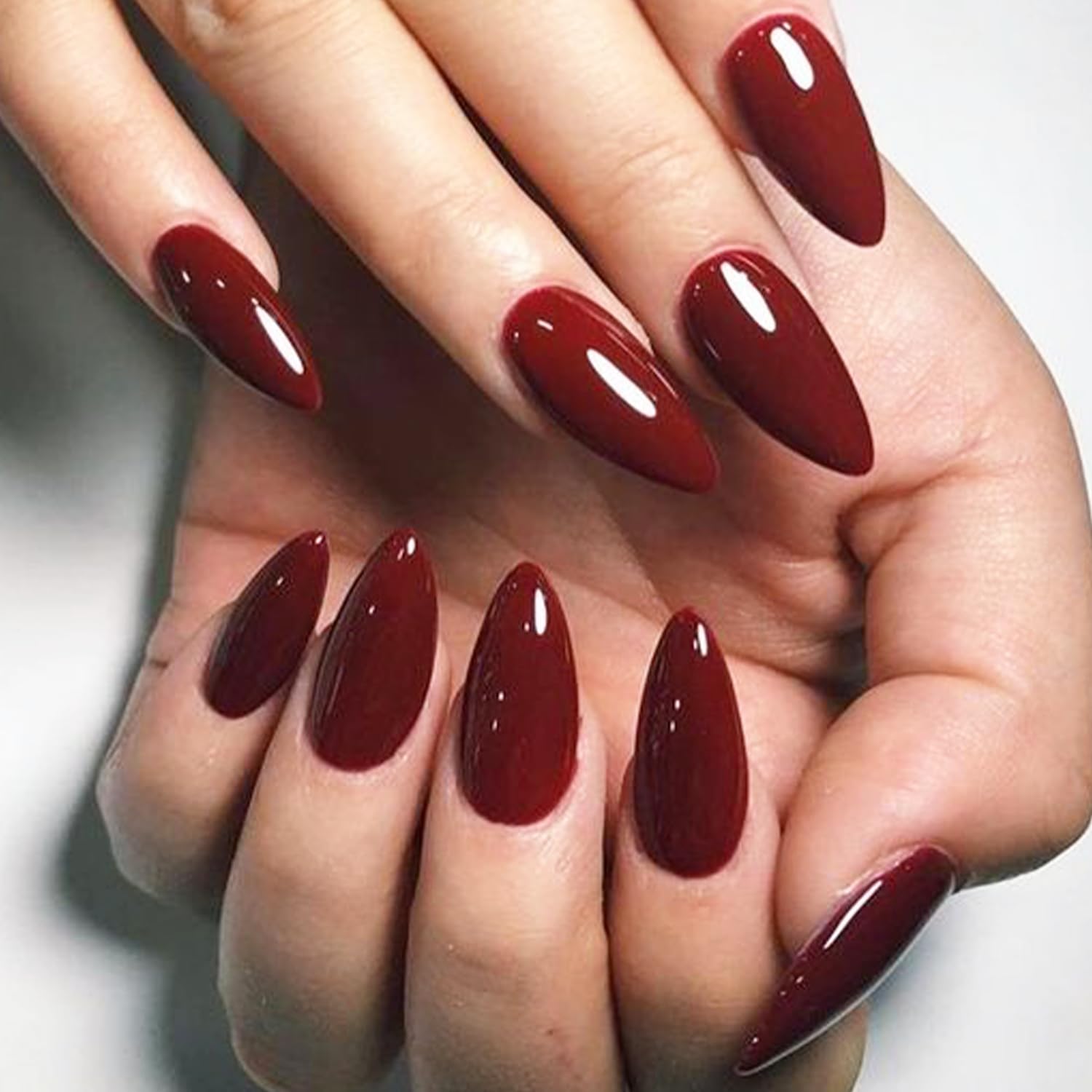 GLAMERMAID Cherry Red Press on Nails - Medium Almond Shape, Handmade Jelly Soft Gel Fake Nails - Dark Red Glue on Nails Stiletto & Burgundy Emo Style - Reusable Acrylic Stick on False Nails Kit for Women - Perfect for Parties, Weddings, Date Nights & Everyday Glam