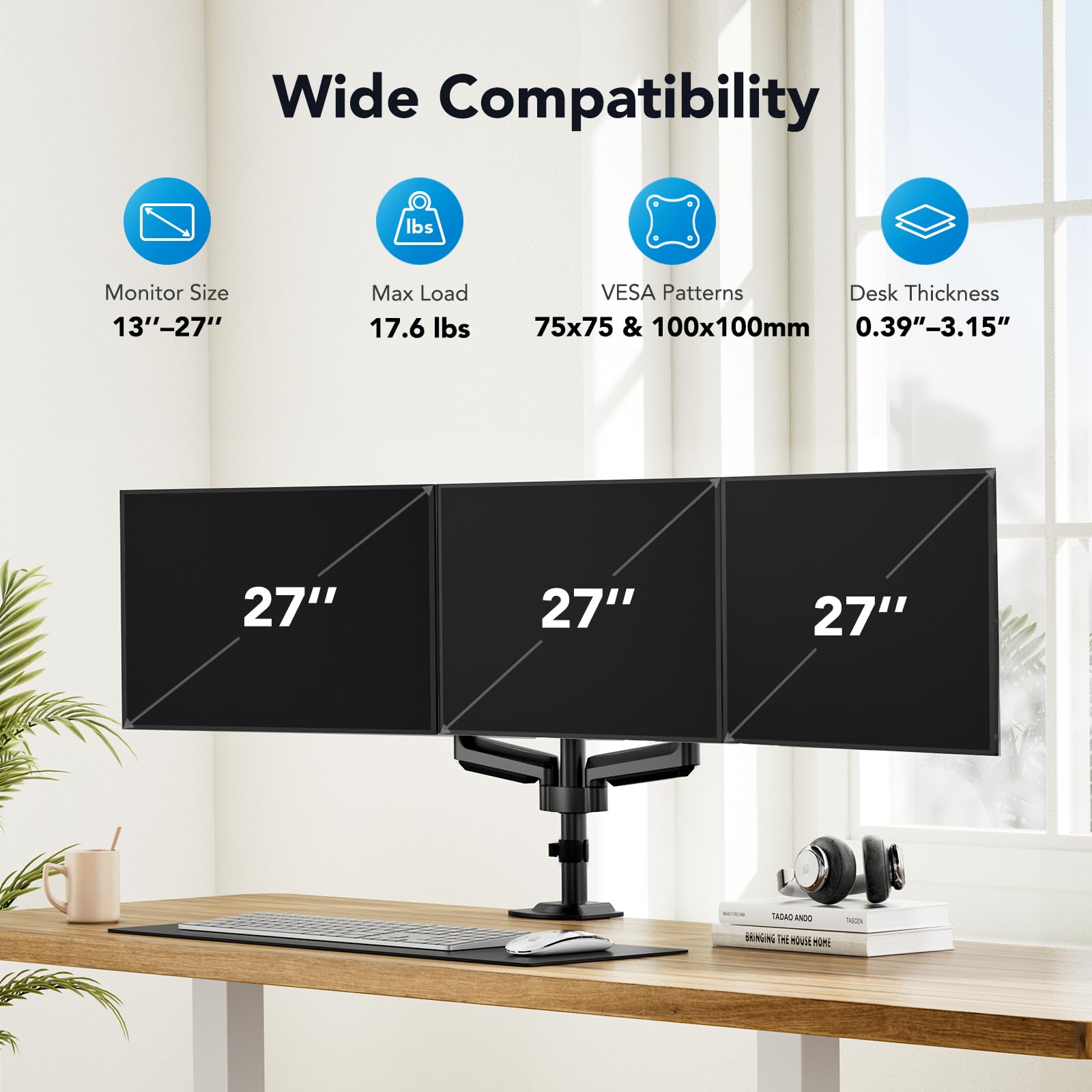 HUANUO Triple Monitor Stand for 13-27 Inch Screens - Adjustable Gas Spring Arm Holds 17.6lbs - Full Motion Tilt, Swivel & Rotation - VESA 75x75/100x100mm - Perfect for Gaming, Office & Home Workstations
