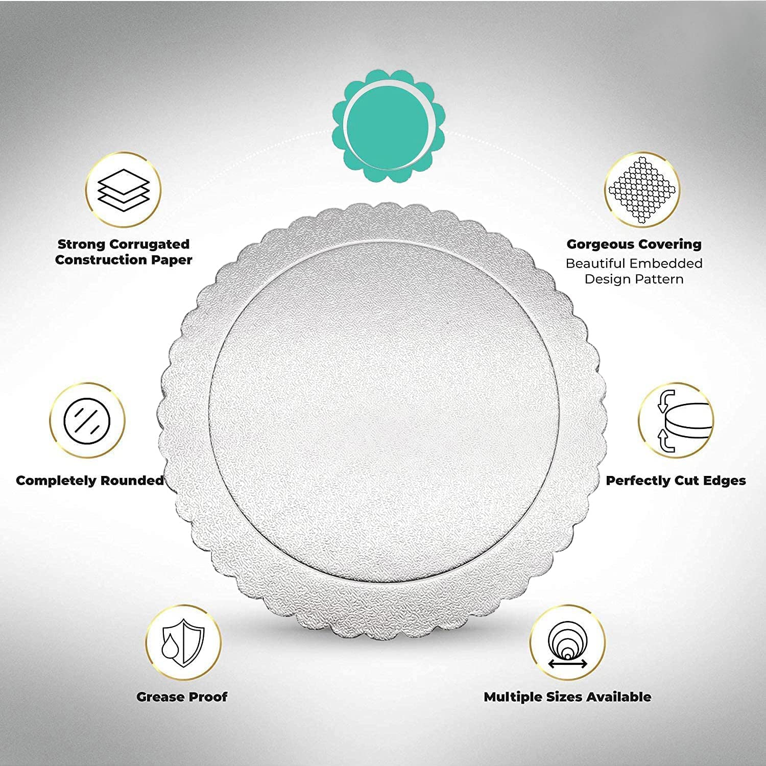 Goiio 4-Pack Scalloped Cake Boards - 6, 8, 10 & 12 Inch Round Cardboard Cake Circles for Baking, Decorating & Serving (Silver) - Perfect for Birthday Cakes, Wedding Desserts & Professional Pastry Displays