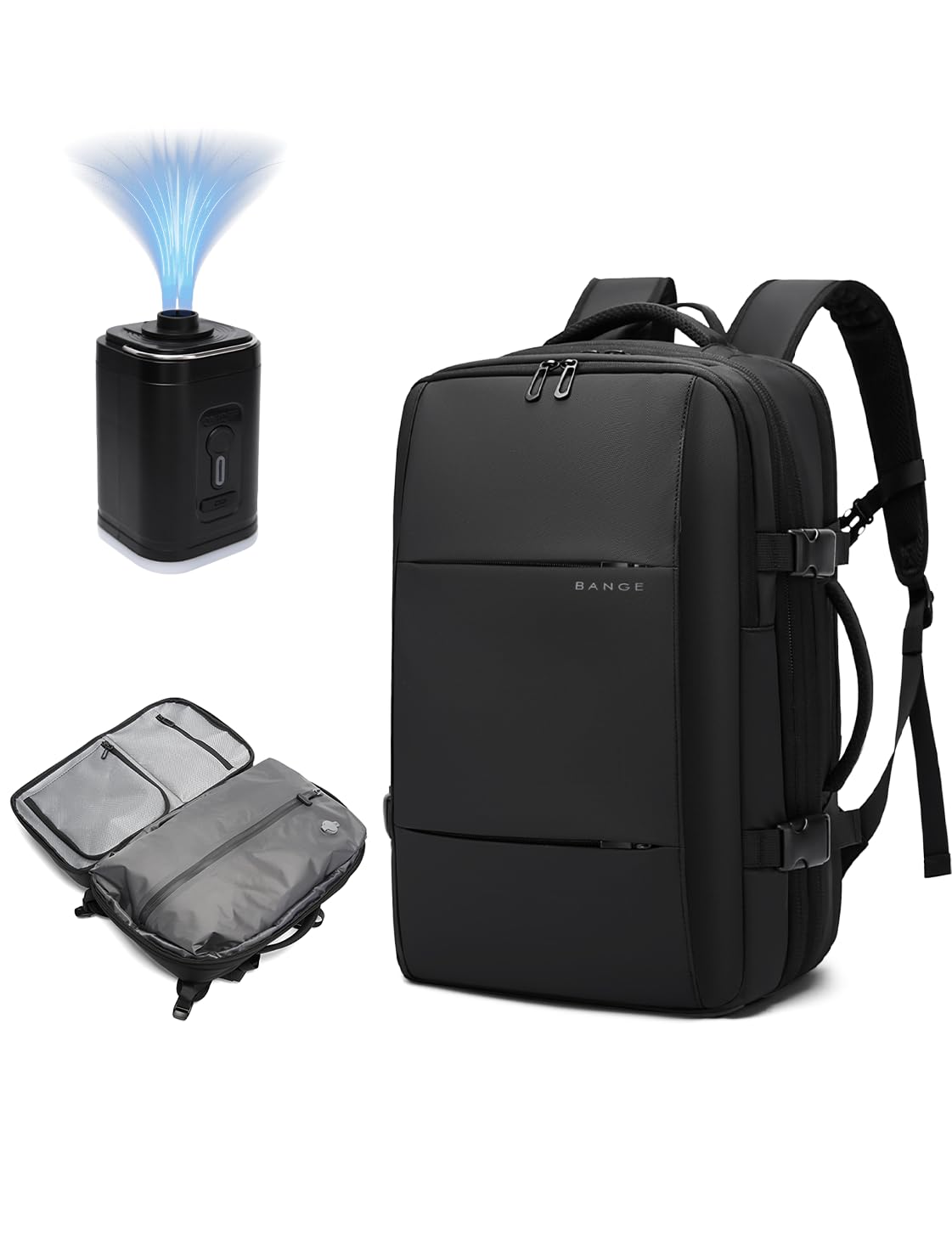 BANGE Airback Anti-Theft Travel Backpack with Vacuum Compression - Expandable Carry On Backpack with Air Pump for Airplane, Business Trip & Outdoor Adventures