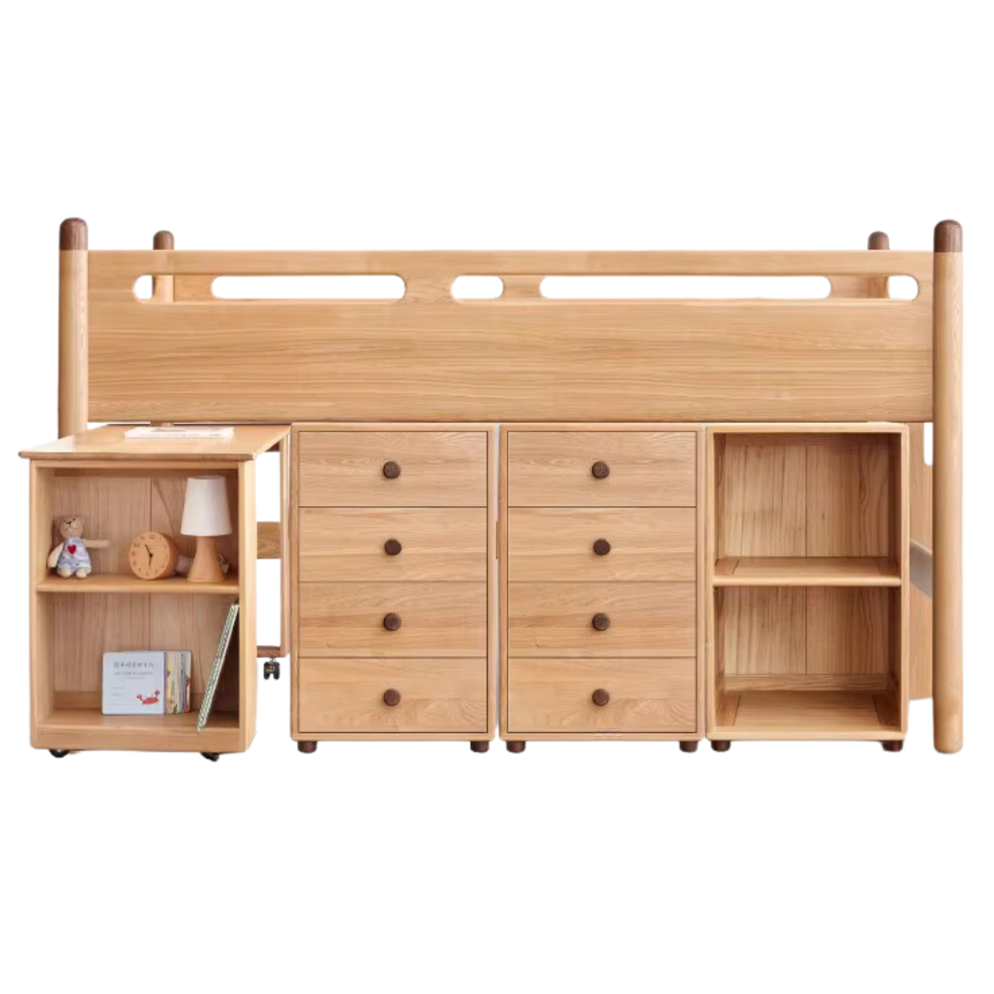 out of stockNatural Wood Color side ladder style oak mid-high bed  four-drawer narrow drawer 2  small drawer without door 1  movable desk 1