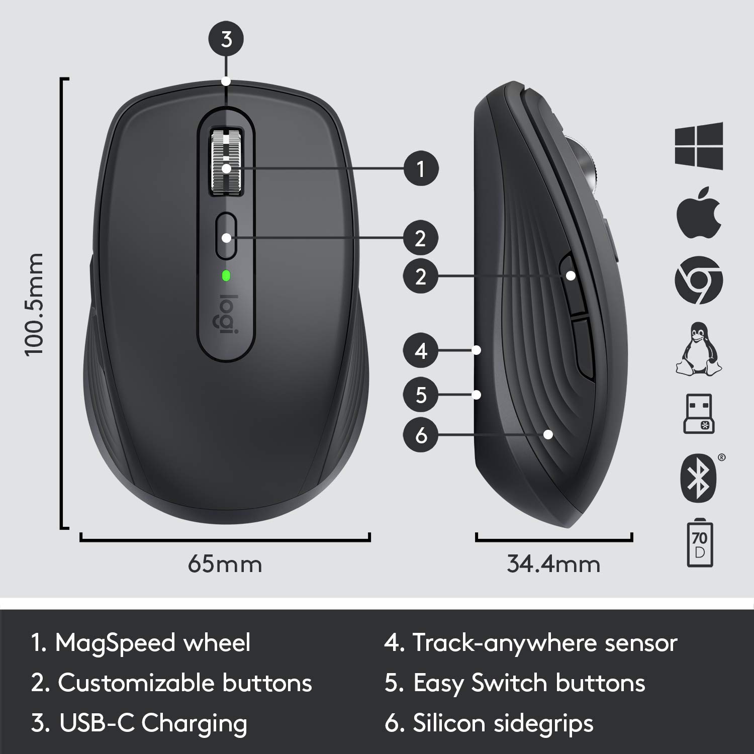 Logitech MX Anywhere 3 Wireless Mouse - Compact Portable Design, 4000DPI Precision, Fast Scroll Wheel, Multi-Device Bluetooth, USB-C Charging - Works on Any Surface - Perfect for Travel, Office & Creative Work with Adobe Creative Cloud