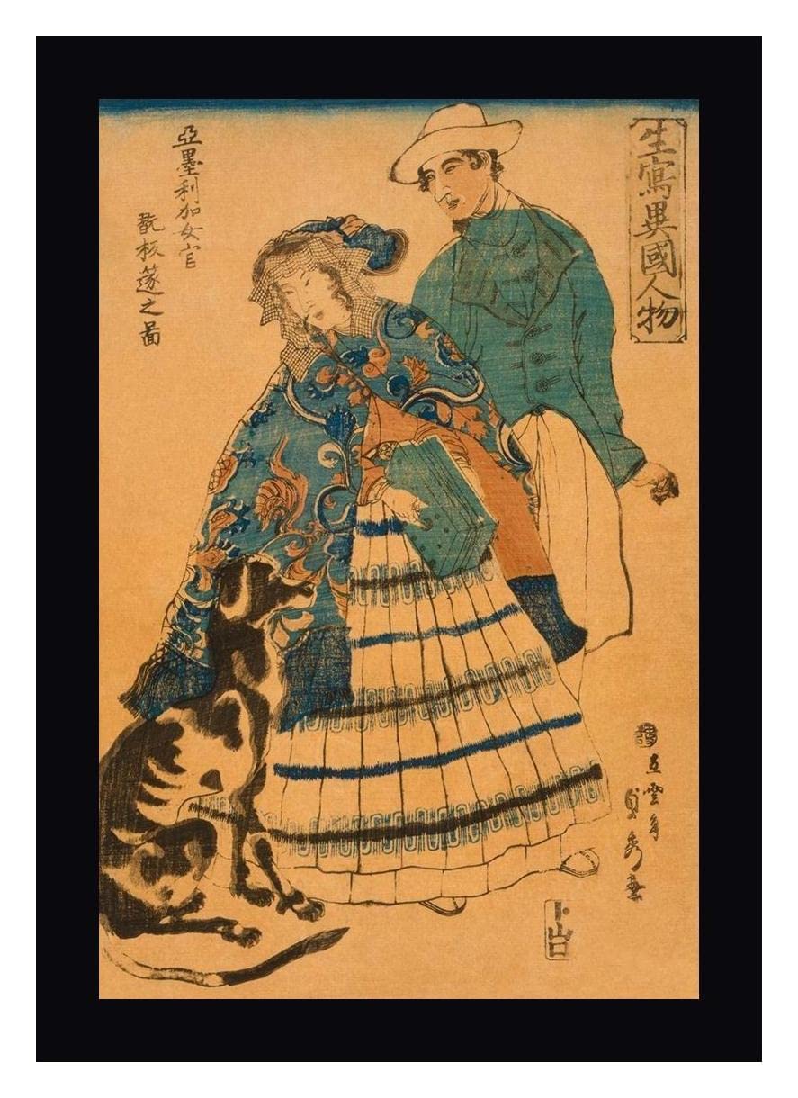Sadahide Utagawa Framed Canvas Art Print - American Lady Playing Accordion (1860) - 25x36 Inch Black Frame - Ready to Hang Wall Decor for Living Room, Bedroom or Office