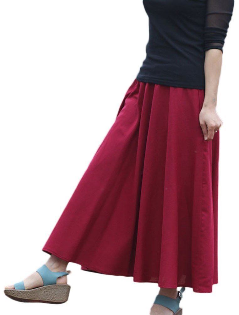 Soojun Women's Solid Cotton Linen A-Line Long Flowy Skirt - Retro Vintage Style for Casual Outings, Beach Wear & Boho Fashion