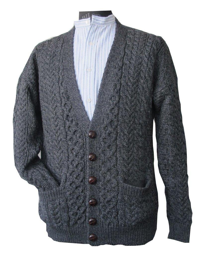 100% Merino Wool Irish Aran Sweater for Men - Premium Made in Ireland Cardigan (Charcoal, Medium) | Warm Winter Wear, Casual Office Outfit & Cozy Home Lounge