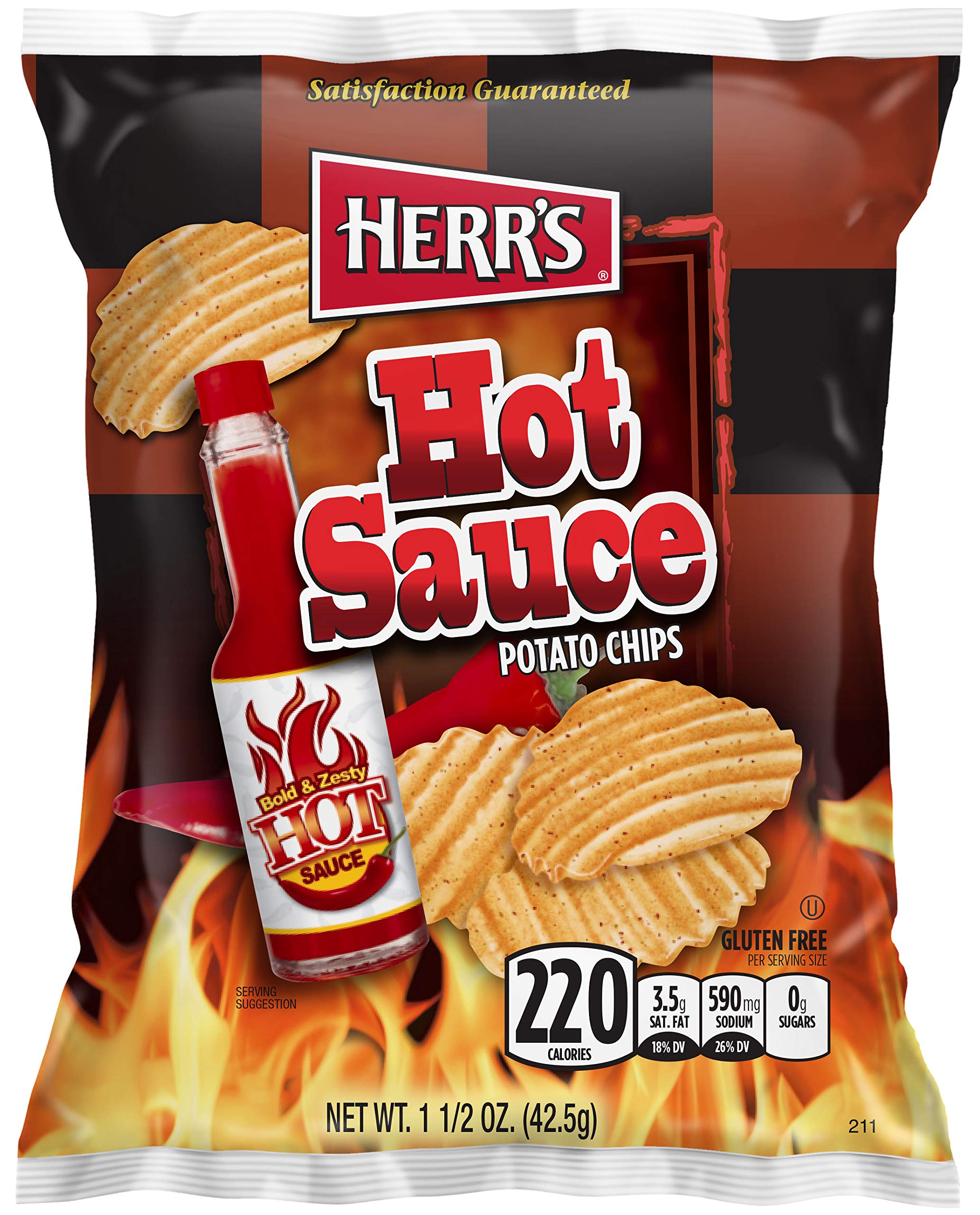 Herr's Hot Sauce Flavored Potato Chips - 1oz Bags (Pack of 42) | Spicy Snacks for Parties, Game Nights & Office Break Rooms