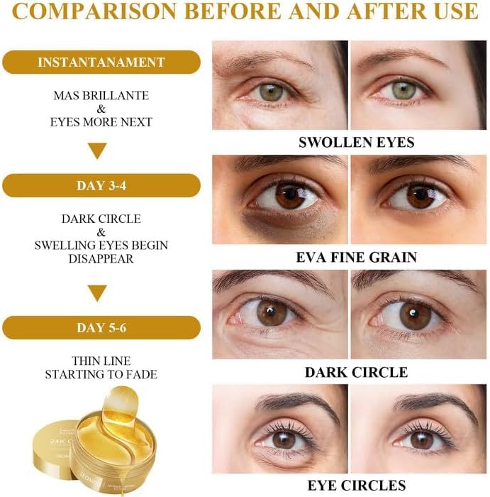 24K Gold Under Eye Patches for Dark Circles & Puffiness | 60 Pack Cooling Hydrogel Eye Mask with Collagen | Reduce Wrinkles & Refresh Tired Eyes | Perfect for Night Routine, Travel & Spa Days