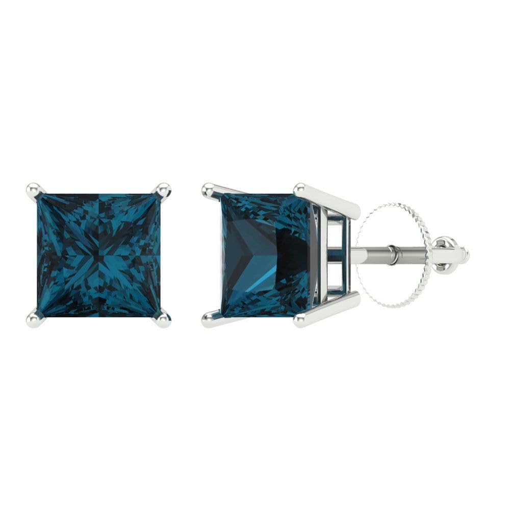3.0 Carat Princess Cut Natural London Blue Topaz Stud Earrings in 14K White Gold - VVS1 Clarity, Screw Back Design - Perfect for Weddings, Anniversaries & Special Occasions