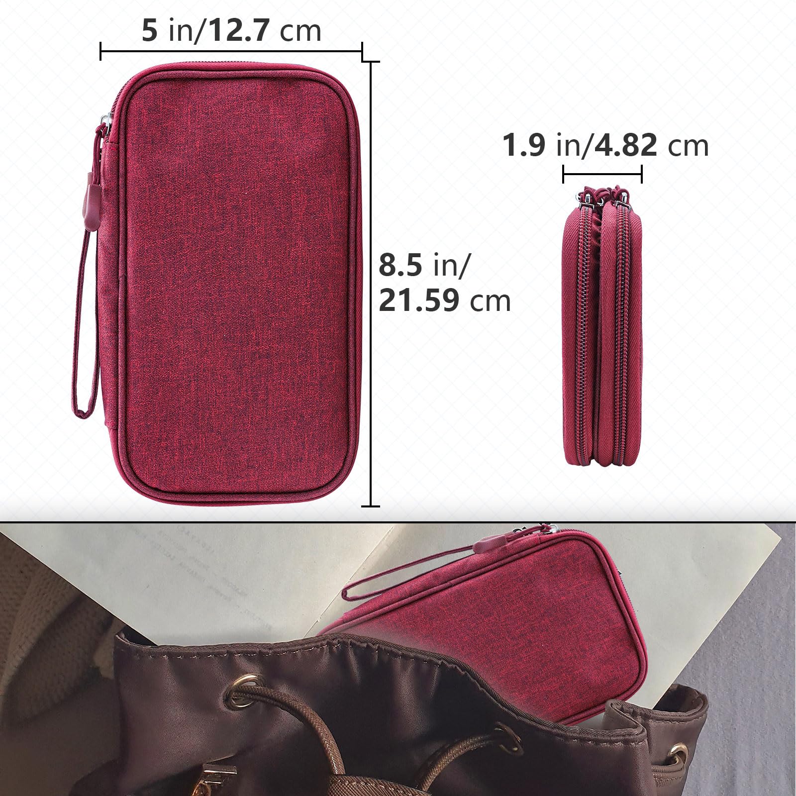 Teskyer Waterproof Travel Organizer Bag for Electronics & Cables - 8.5 x 5 Inch Wine Red Travel Accessories - Perfect for Business Trips, Vacations & Daily Commute (Men & Women)