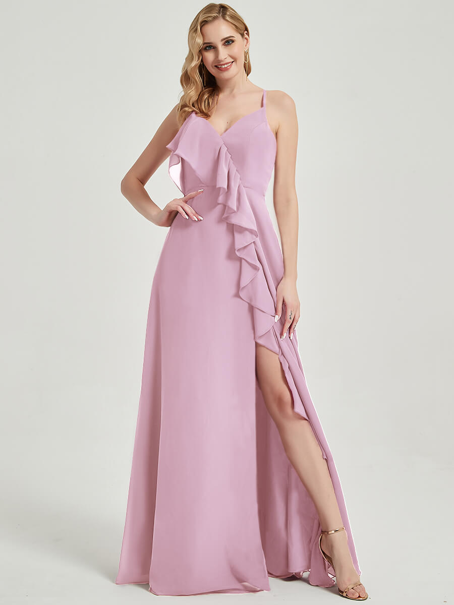 Elegant Mauve Chiffon Maxi Bridesmaid Dress with Criss Cross Straps, Ruffles & High Slit - Perfect for Weddings, Parties & Formal Events