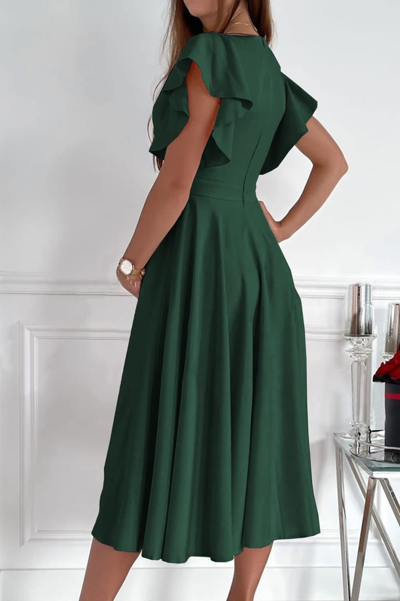 PRETTYGARDEN Women's Summer Midi Dress 2025 - Floral Ruffle Sleeve V-Neck A-Line Cocktail Dress for Wedding Guest, Party & Special Occasions