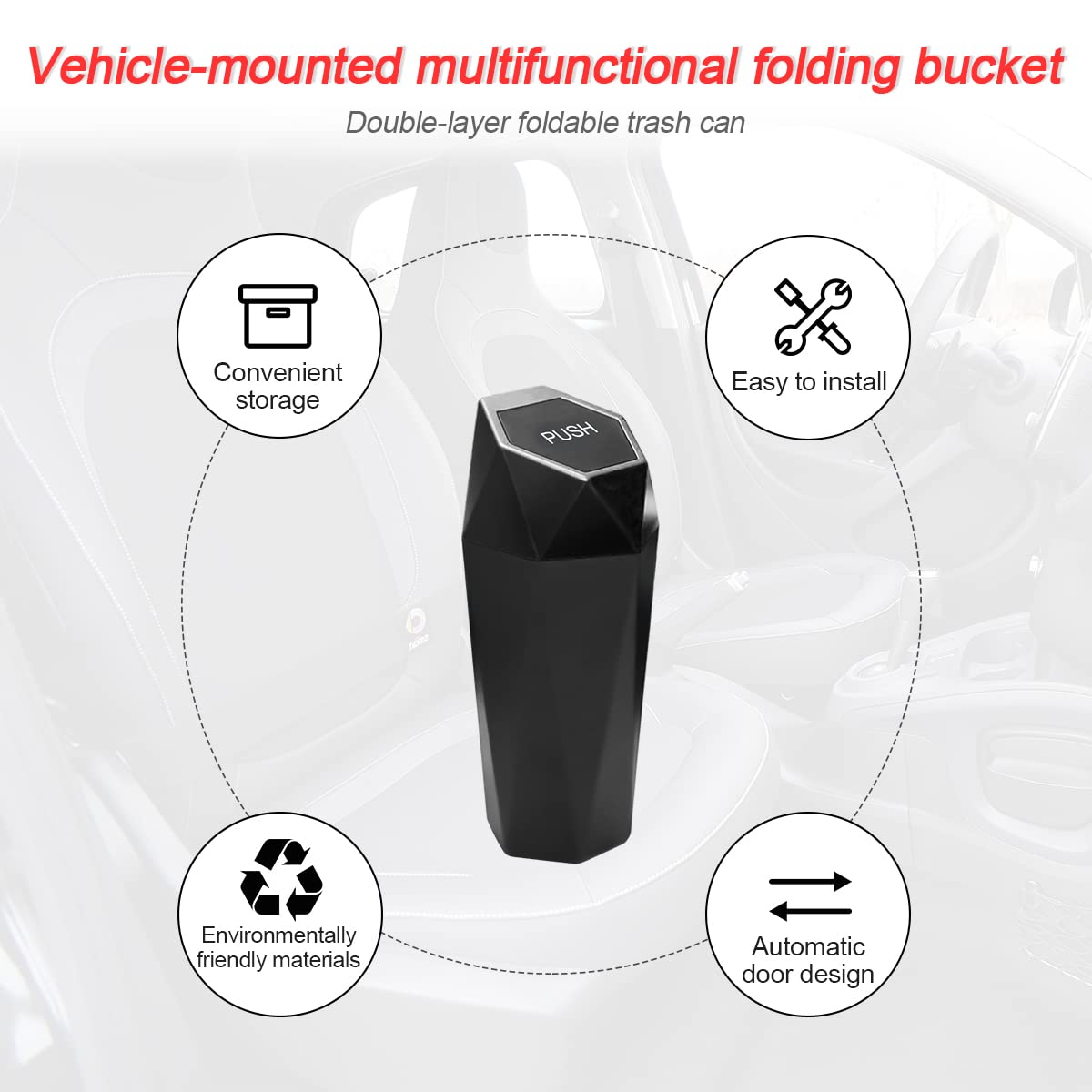 Leakproof Car Trash Can with Lid - Portable Mini Auto Garbage Bin, Waterproof Vehicle Dustbin for Car, Home & Office - Diamond Design Small Trash Can for Automotive, Kitchen, Bedroom (Black, 1 Pack) - Perfect for Road Trips, Commuting & Keeping Vehicles Clean