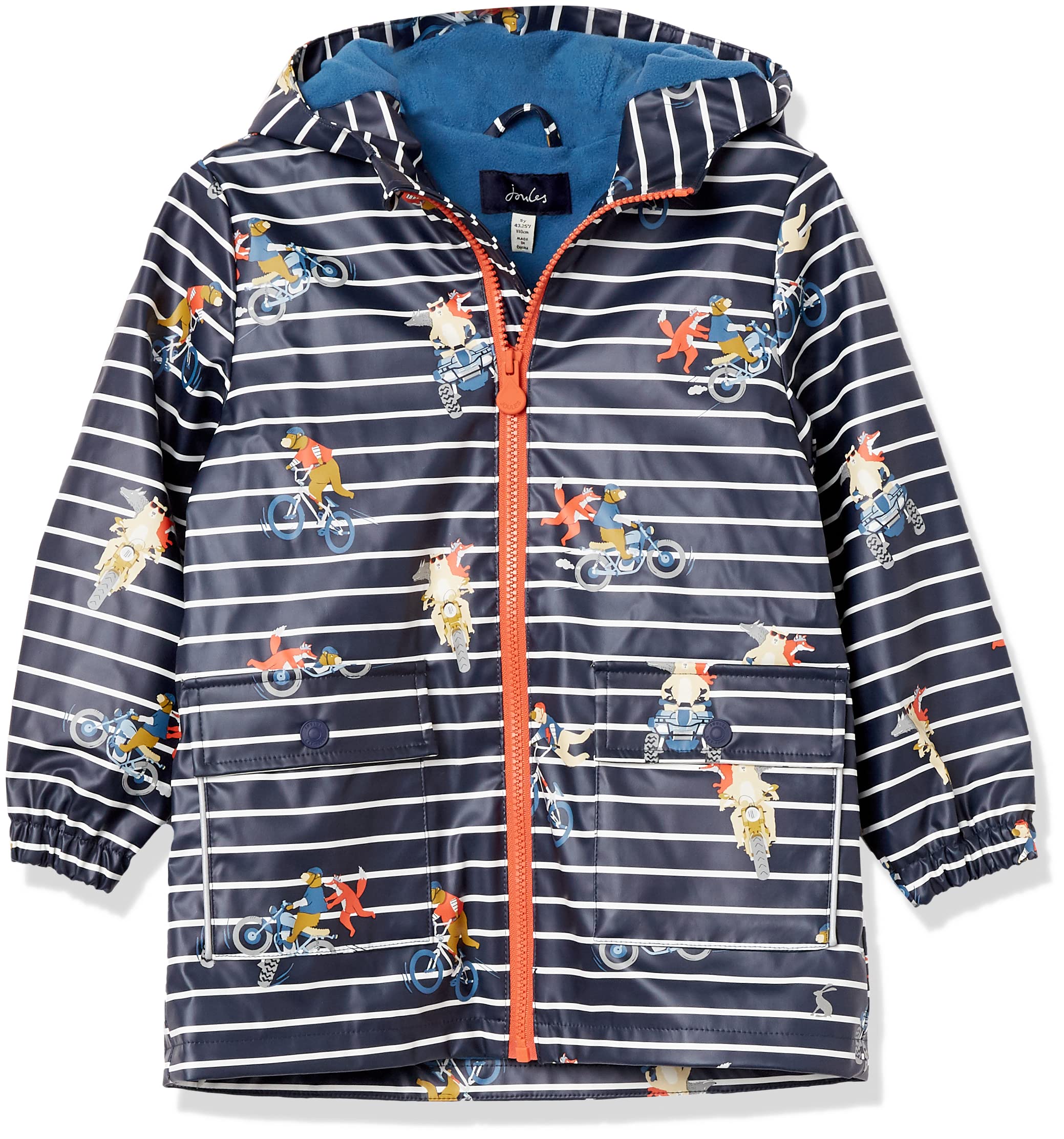 Joules Boys' Raincoat - Waterproof Lightweight Jacket for Kids, Windproof Outdoor Play Coat with Hood (Blue, Size 5-6) - Perfect for School, Park & Rainy Day Adventures