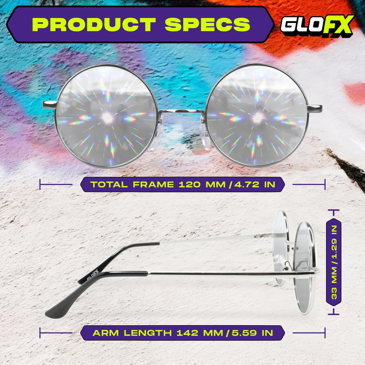 GloFX Diffraction Glasses - Hippie & Pilot Style Metal Frame Sunglasses with Mirror Lens & 3D Prism Rainbow Effect for Music Festivals, Raves, and Light Shows