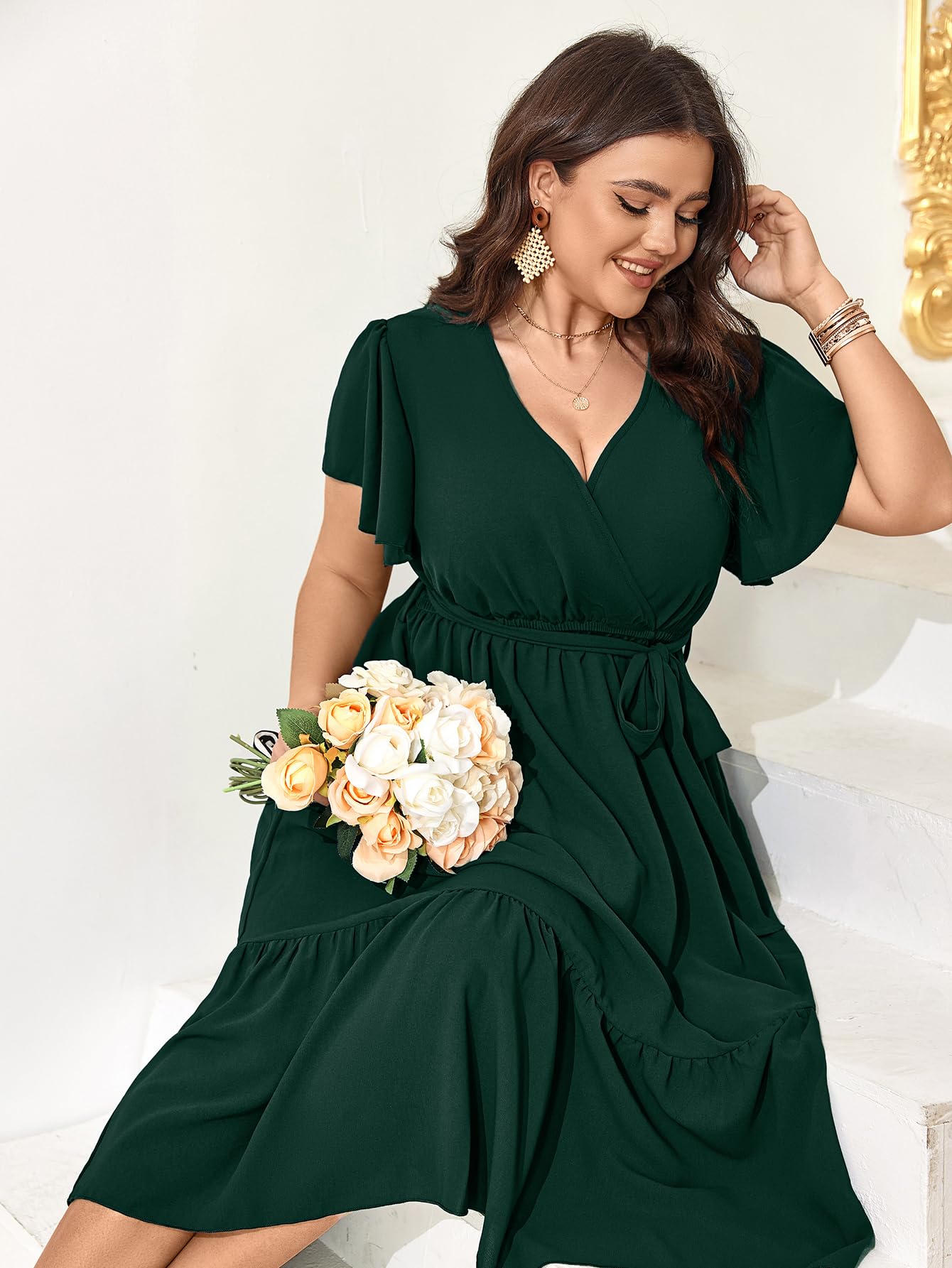 Elegant SCOMCHIC Plus Size Wedding Guest Dress - Summer Wrap V-Neck Short Sleeve with Belt & Ruffle Hem | Flowy A-Line Maxi Dress for Bridal Showers, Garden Parties & Formal Events