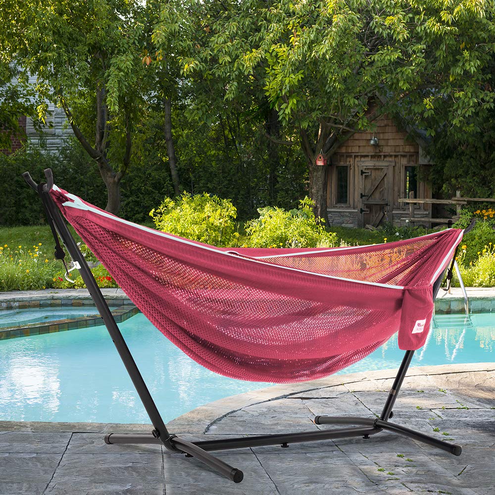 Vivere C9MESH-45 Double Hammock with Steel Stand - Rose & Celeste Color Outdoor Hanging Bed for Backyard, Patio, Garden Relaxation and Camping