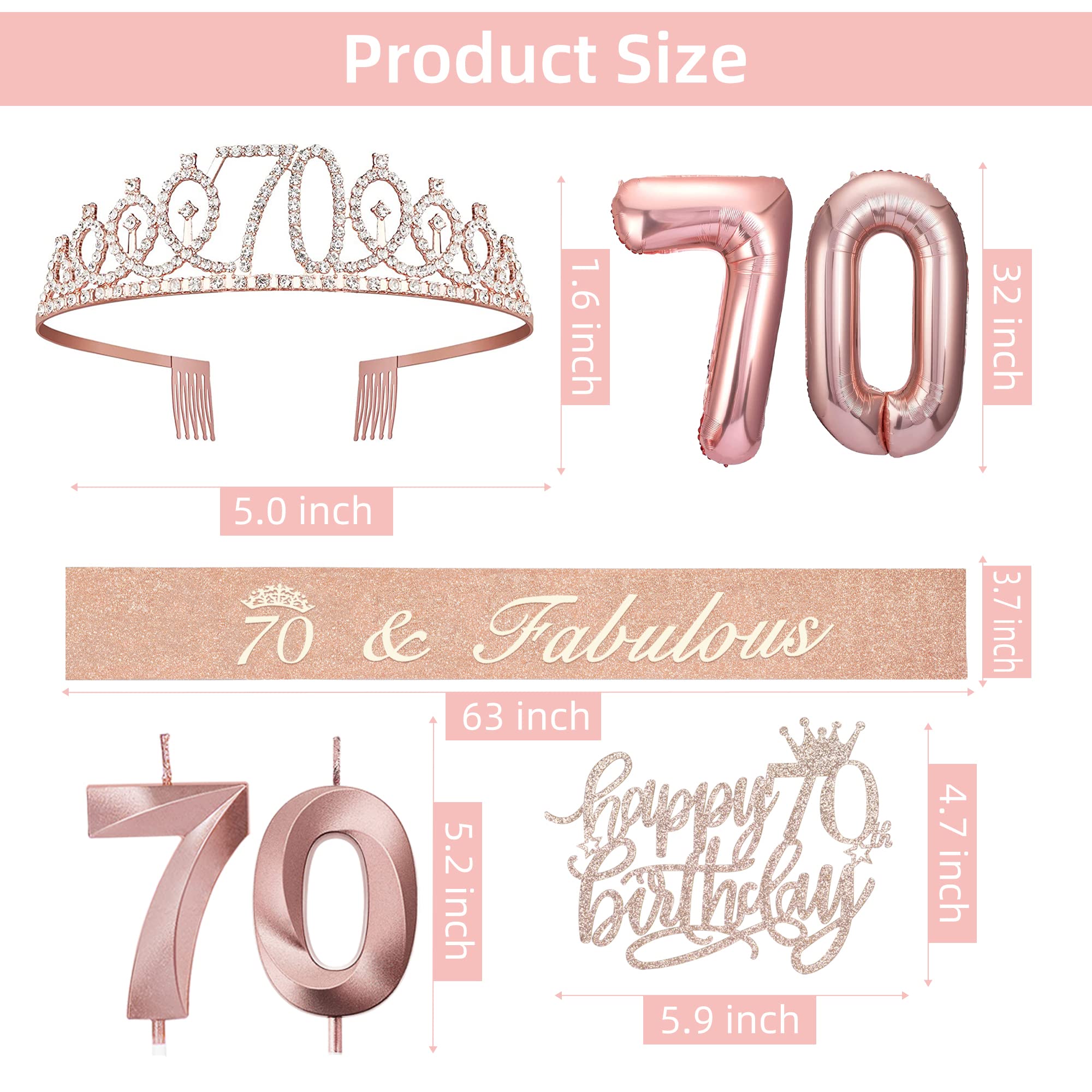 70th Birthday Decorations for Women - Gold Crown/Tiara, Satin Sash, Number 70 Balloon & Candles - Complete Party Set for Milestone Celebrations, Retirement Parties & Grandmother's Special Day