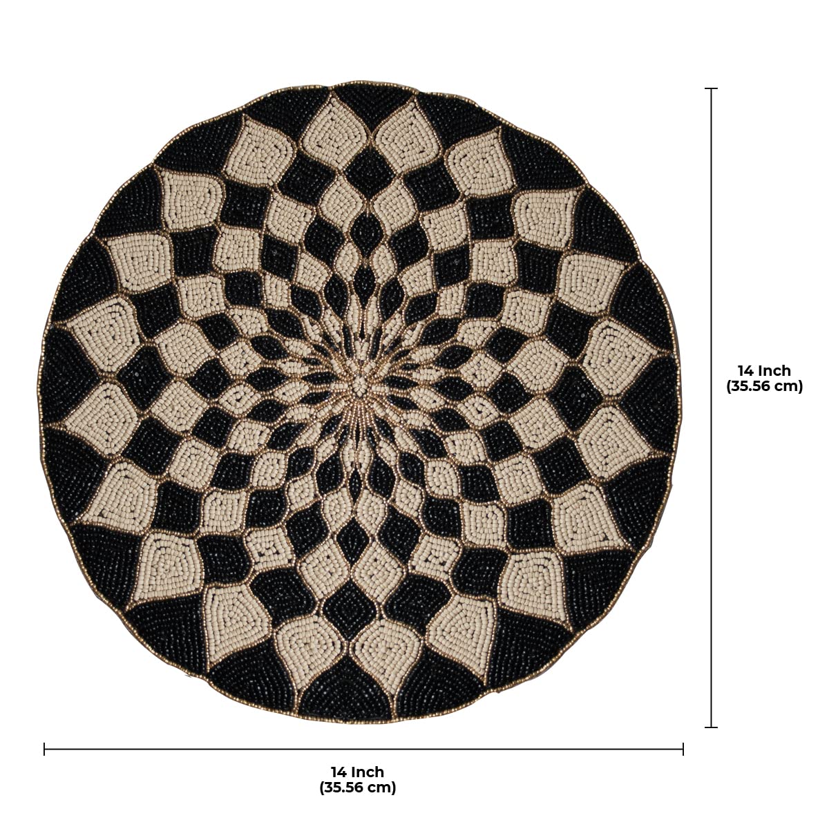 Decozen Round Placemats Set of 4 - 14 Inch Beaded Charger Plates for Dining Table Decor | Heat Resistant Table Mats for Wedding, Mother's Day, Kitchen, Office & Home Decor | Elegant Black & Beige Place Settings for Formal Dinners & Everyday Use
