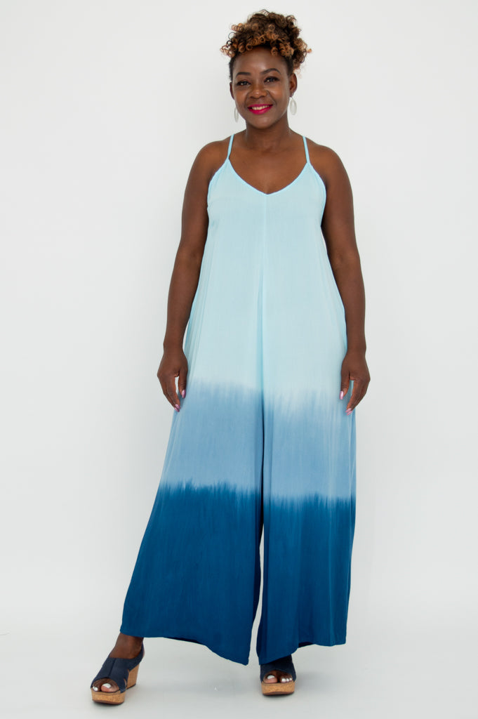 Ender Jumpsuit Women's Fashion - Turquoise Dip Dye One Piece Romper for Casual Wear, Street Style & Summer Outfits