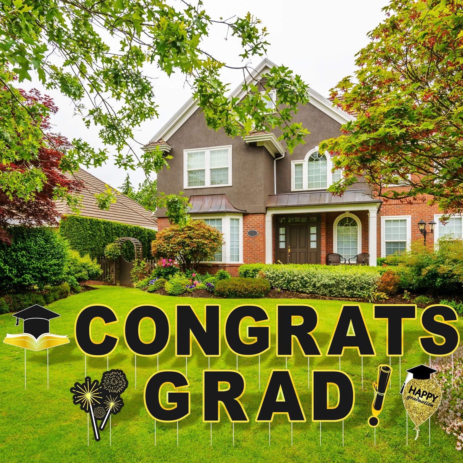 RUODON 2025 Graduation Yard Signs - Waterproof Lawn Decorations with Stakes for Outdoor Graduation Party | Congrats Grad Decor in Black & Gold | Perfect for Backyard Celebrations, School Events & Photo Backdrops