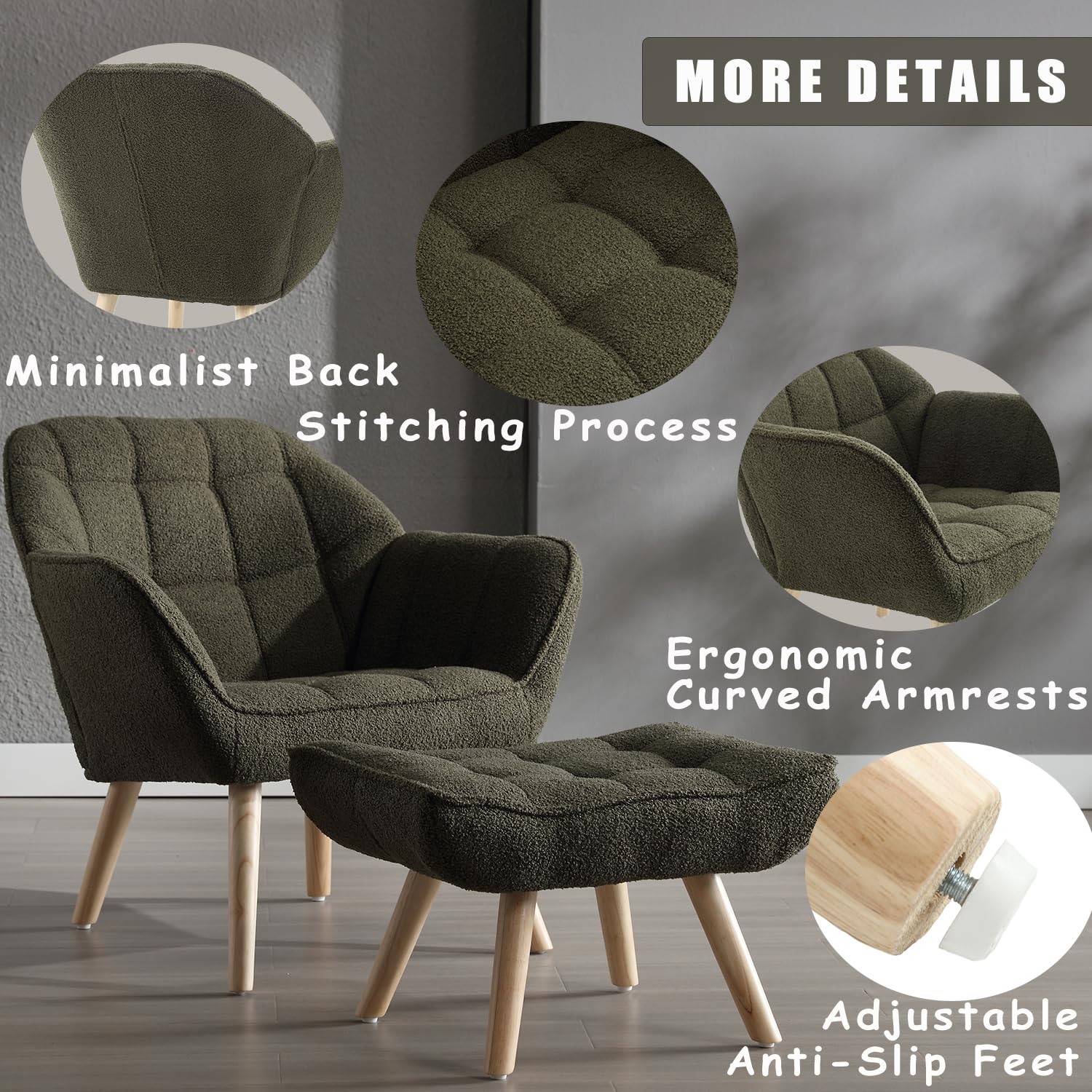Sherpa Accent Reading Chair with Ottoman - Modern Fuzzy Upholstered Armchair with Wood Legs - Comfortable Lounge Chair for Small Spaces - Perfect for Living Room, Bedroom & Book Nook - Green - Cozy Reading Spot & Relaxation Corner