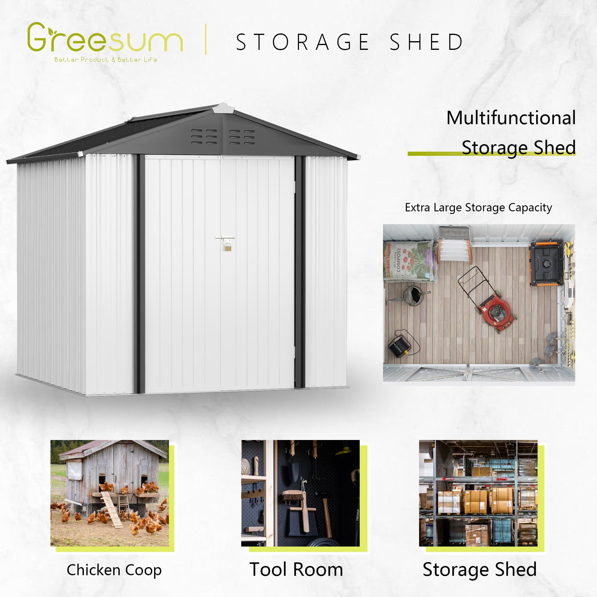 Greesum 6x4 ft Outdoor Storage Shed - Metal Utility Tool & Garden Shed with Secure Door Lock - Weatherproof Patio Storage Solution for Backyard, Lawn Equipment & Gardening Tools (White)